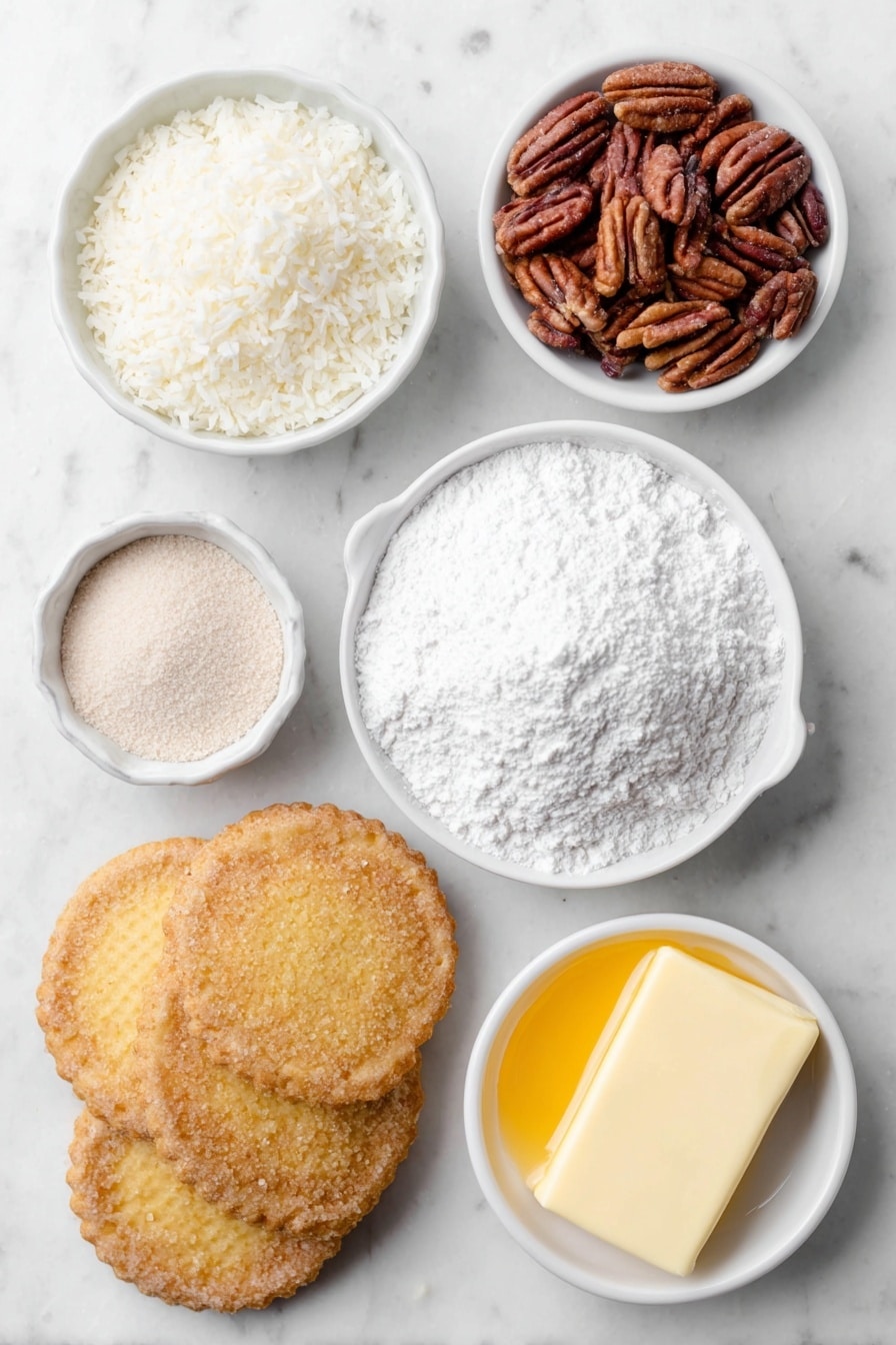 Flat lay of a small mound of golden vanilla wafer cookies, a handful of whole pecans, a small white ceramic bowl filled with white coconut flakes, a small white ceramic bowl holding fine white powdered sugar, a small white ceramic bowl with bright orange thick orange juice concentrate, a few whole vanilla beans pod pieces, and a stick of soft unsalted butter on a white ceramic dish, all arranged with perfect symmetry and realistic proportions, placed on a clean white marble surface, soft natural light, photo taken with an iPhone, professional food photography style, fresh ingredients, white ceramic bowls, no bottles, no duplicates, no utensils, no packaging --ar 2:3 --v 7 --p m7354615311229779997 - Orange Coconut Snowballs, tropical citrus treats, no-bake dessert bites, easy coconut confections, citrus coconut sweets