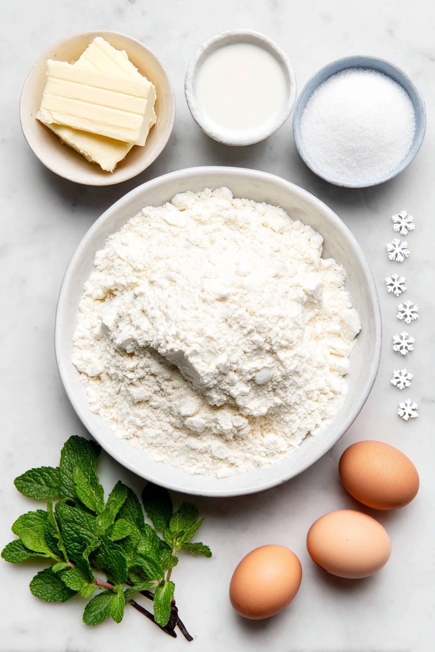 Christmas Shortbread Cookies with Blue Glaze Recipe 7 Flat lay of a small mound of very soft salted butter, a small white ceramic bowl filled with fine powdered sugar, a white ceramic bowl holding clear half and half milk, a fresh vanilla bean pod beside its seeds, a neat pile of all-purpose flour, a small heap of cornstarch powder, a small white bowl with smooth blue paste food coloring, several whole brown eggs with clean shells, a few sprigs of fresh mint leaves, delicate white nonpareils scattered artfully, and tiny white pearlized snowflake decorations arranged symmetrically — all placed on a clean white marble surface, soft natural light, photo taken with an iPhone, professional food photography style, fresh ingredients, white ceramic bowls, no bottles, no duplicates, no utensils, no packaging --ar 2:3 --v 7 --p m7354615311229779997 - Christmas Shortbread Cookies with Blue Glaze, festive shortbread cookies, holiday cookies with blue glaze, Christmas baking ideas, minty blue glaze cookies