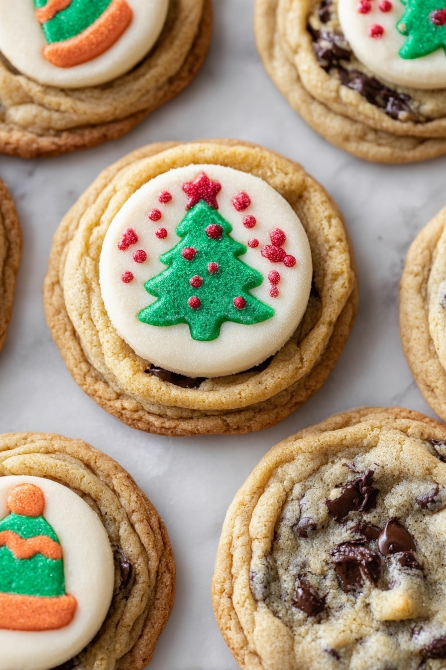 The image shows several chocolate chip cookies each with two layers: the outer layer is a golden brown, thick, soft textured chocolate chip cookie with visible dark chocolate chips, and the inner layer is a flat, round, light cream-colored sugar cookie placed in the center of the chocolate chip cookies. On top of each sugar cookie layer, there are colorful Christmas-themed designs, such as a green tree with red dots and a red top and a green elf hat with an orange strip. The cookies are arranged on a white plate resting on a white marbled surface. photo taken with an iphone --ar 2:3 --v 7 - Chocolate Chip Sugar Cookie Bake, easy cookie bake, layered cookie dessert, no-bake cookie recipes, indulgent cookie treats