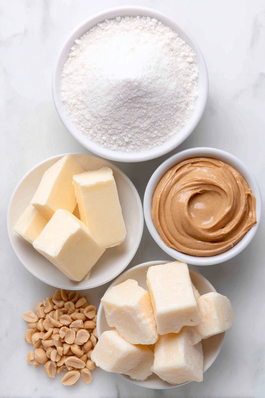 Peanut Butter Snowballs Recipe 7 Flat lay of a small white ceramic bowl filled with fine white confectioners' sugar, a dollop of creamy light brown peanut butter on a white ceramic plate, a few small cubes of pale yellow softened butter arranged neatly on a white ceramic dish, irregular chunks of smooth white candy coating in a white ceramic bowl, and a small pile of finely chopped fresh peanuts on a white ceramic plate, all placed on a clean white marble surface, soft natural light, photo taken with an iPhone, professional food photography style, fresh ingredients, white ceramic bowls, no bottles, no duplicates, no utensils, no packaging --ar 2:3 --v 7 --p m7354615311229779997 - Peanut Butter Snowballs, easy no-bake dessert, holiday treat, quick snack, nutty candy balls