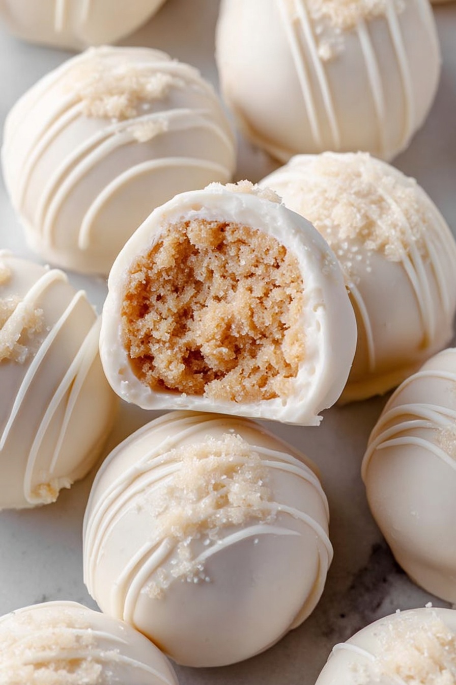 Peanut Butter Snowballs Recipe 6 The image shows a close-up of small round white treats arranged together on a white marbled surface. Each treat has a smooth white outer layer with some decorated by thin white drizzle patterns, creating a lace-like effect. One treat is broken open on top, showing its inner filling which is dense, crumbly, and light brown in color. The contrast between the smooth white shell and the textured brown inside is clear, making the treats look inviting and delicate. Photo taken with an iphone --ar 2:3 --v 7 - Peanut Butter Snowballs, easy no-bake dessert, holiday treat, quick snack, nutty candy balls