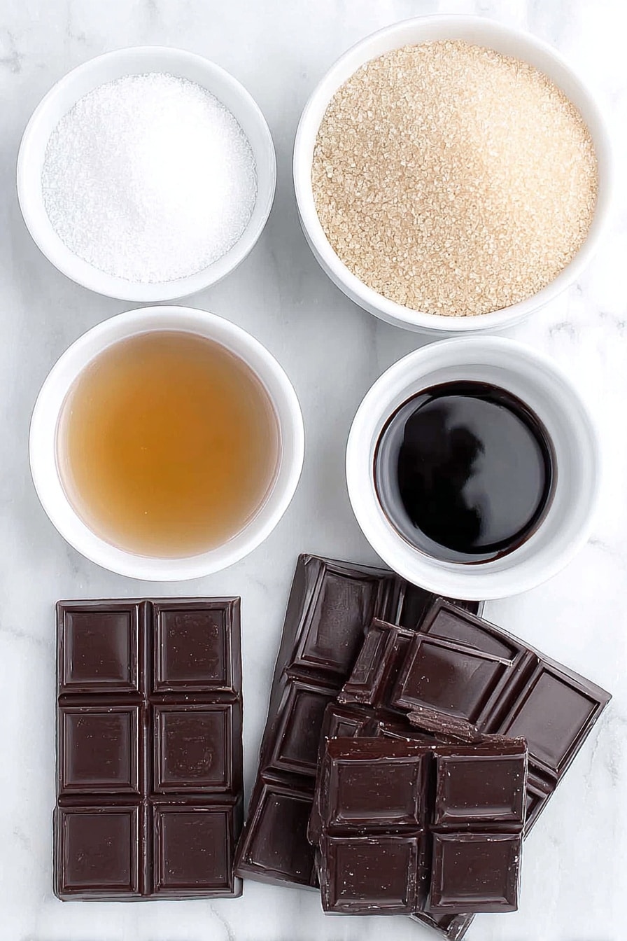 Flat lay of a small mound of granulated sugar, a small mound of caster sugar, a small white bowl filled with light golden syrup, a small white bowl of clear water, a small white bowl with baking soda powder, a handful of solid dark chocolate bars broken into pieces, and a few drops of black food coloring in a tiny white bowl, all arranged in perfect symmetry on a clean white ceramic surface, placed on a clean white marble surface, soft natural light, photo taken with an iPhone, professional food photography style, fresh ingredients, white ceramic bowls, no bottles, no duplicates, no utensils, no packaging --ar 2:3 --v 7 --p m7354615311229779997 - Edible Coal Candy with Chocolate Coating, coal candy, Halloween candy ideas, chocolate coated honeycomb, fun party treats