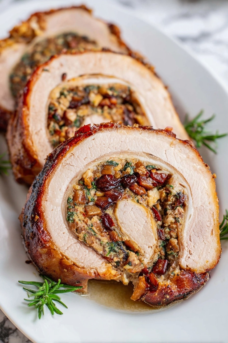 The image shows two thick slices of rolled meat with a golden brown crust on the outside, placed on a white plate. Each slice reveals three visible layers: the outer layer is a roasted meat with a slightly crispy texture and light brown color, the middle layer is filled with a mixture of small, finely chopped ingredients in colors like dark red, green, and beige, creating a spiral pattern, and the innermost layer is a lighter, cream-colored meat. There are small green herb sprigs on top of the slices and on the plate. The plate sits on a white marbled surface. photo taken with an iphone --ar 2:3 --v 7 - Apple Bacon Stuffed Pork Loin, pork loin stuffed with apple and bacon, savory stuffed pork recipes, easy pork loin recipes, holiday pork main dish