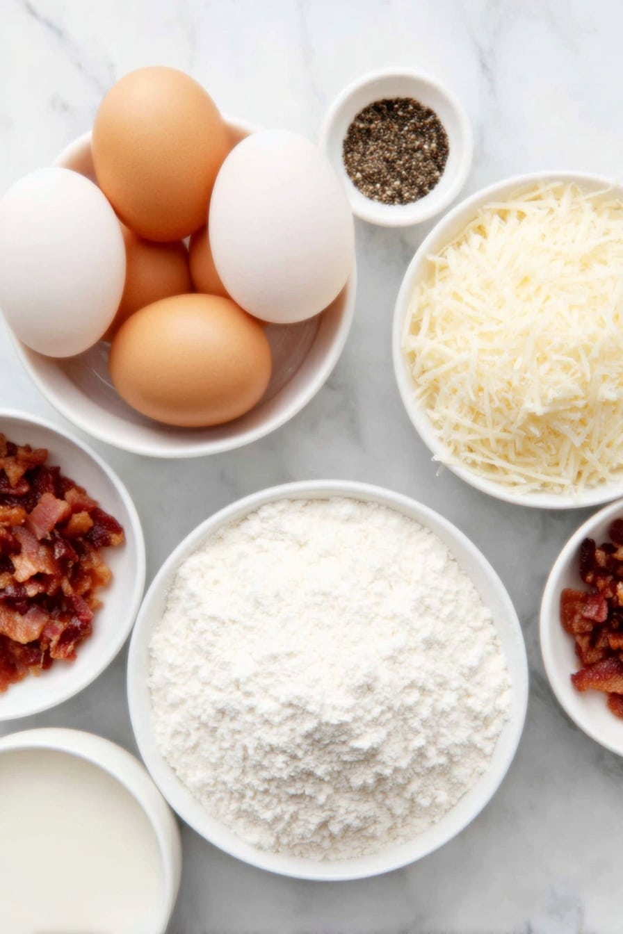 Pancetta Parmesan Popovers Recipe 7 Flat lay of a small white ceramic bowl of whole milk, four large whole eggs with clean shells, a small white ceramic bowl filled with freshly ground black pepper, a small white ceramic bowl of all-purpose flour, a small white ceramic bowl of grated Parmesan cheese, a small white ceramic bowl of cooked pancetta pieces, all arranged in perfect symmetry with realistic proportions, placed on a clean white marble surface, soft natural light, photo taken with an iPhone, professional food photography style, fresh ingredients, white ceramic bowls, no bottles, no duplicates, no utensils, no packaging --ar 2:3 --v 7 --p m7354615311229779997 - Pancetta Parmesan Popovers, savory popovers with pancetta and Parmesan, cheesy crispy popover recipe, easy savory breakfast bites, baked pancetta appetizer