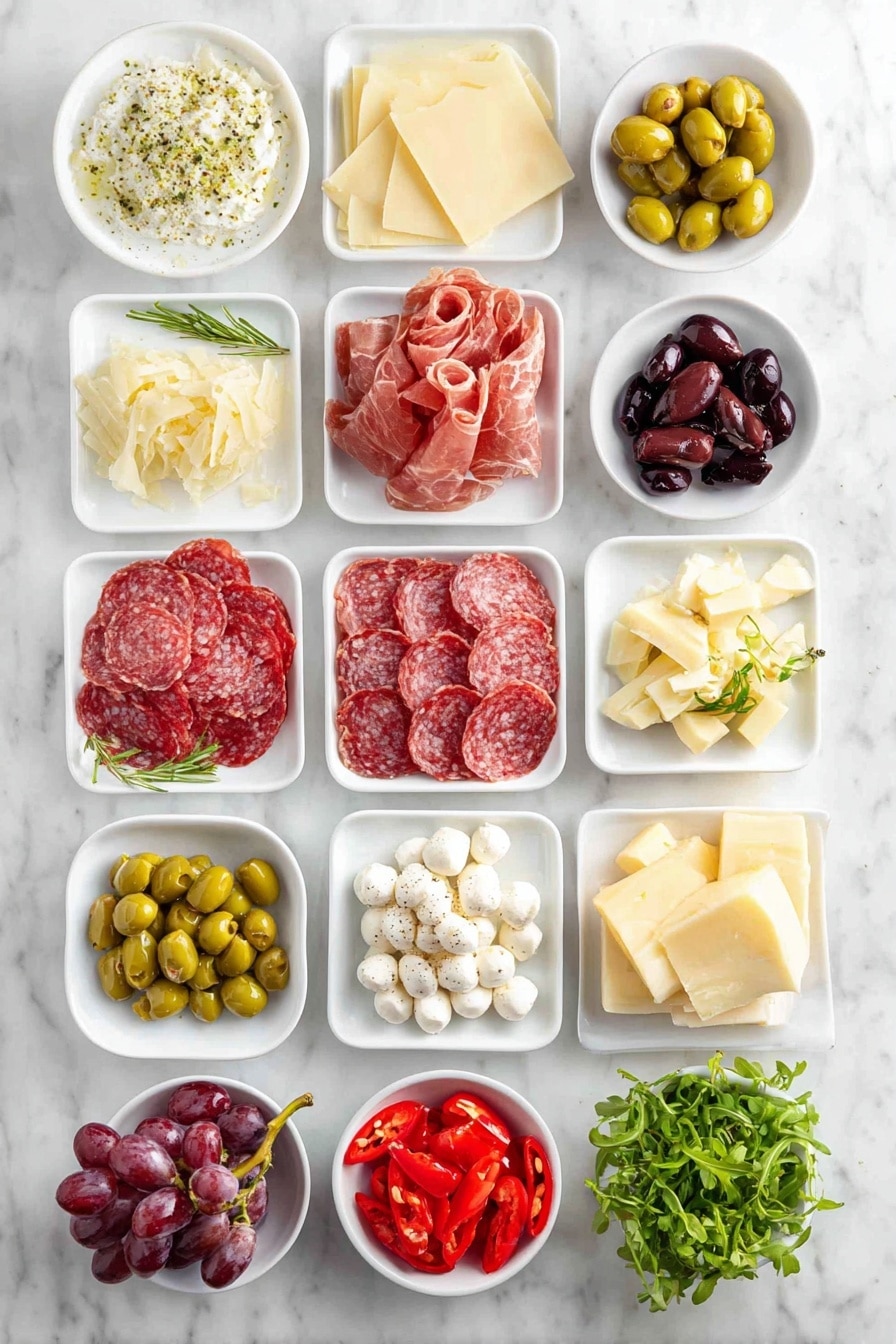 Flat lay of sliced salami arranged neatly, thin round pepperoni slices, delicate folds of prosciutto, small white mozzarella pearls in a simple white ceramic bowl, wedges of pale yellow fontina cheese, creamy light yellow havarti cheese slices, firm pale manchego cheese chunks, glossy green olives in a white bowl, shiny black olives in another white bowl, tender marinated artichoke hearts in a small white bowl, crisp mini pickles, bright roasted red peppers strips on a plain white plate, vibrant green peperoncini peppers, halved red cherry tomatoes, sliced fresh cucumbers, plump purple grapes, fresh sprigs of rosemary, thyme, and basil, small bunch of microgreens, all ingredients fresh and natural, perfectly arranged with balanced spacing and symmetry, placed on a clean white marble surface, soft natural light, photo taken with an iPhone, professional food photography style, fresh ingredients, white ceramic bowls, no bottles, no duplicates, no utensils, no packaging --ar 2:3 --v 7 --p m7354615311229779997 - Cheese and Charcuterie Wreath Platter, festive cheese board ideas, holiday party appetizer, eye-catching cheese platter, DIY cheese and meat wreath