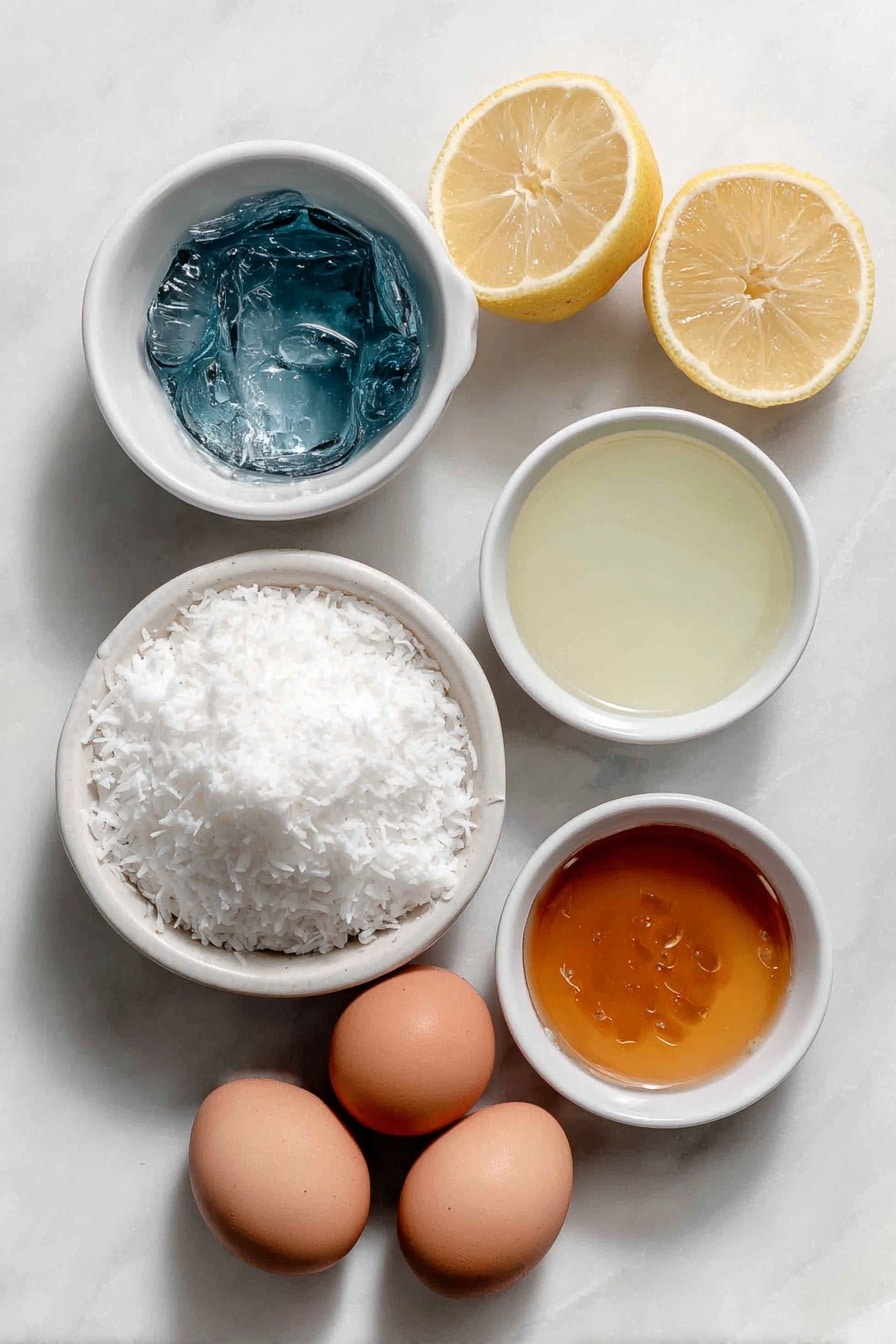 Blue Curacao Mimosa Recipe 7 Flat lay of a small heap of sweetened shredded coconut flakes, a few fresh lemon slices, a small white ceramic bowl filled with bright blue Curacao liqueur, a small white ceramic bowl of pale yellow lemonade, a small white ceramic bowl of golden honey, and three whole uncracked brown eggs arranged symmetrically, all placed on a clean white marble surface, soft natural light, photo taken with an iPhone, professional food photography style, fresh ingredients, white ceramic bowls, no bottles, no duplicates, no utensils, no packaging --ar 2:3 --v 7 --p m7354615311229779997 - Blue Curacao Mimosa, Blue Curacao cocktail, tropical brunch drinks, colorful champagne cocktail, vibrant mimosa recipe