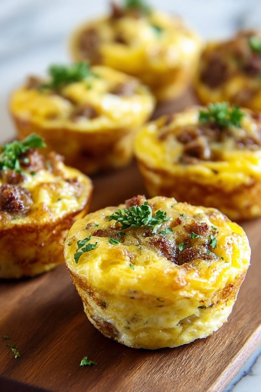 The image shows several small egg muffins placed on a wooden board over a white marbled surface. Each muffin has a golden-yellow top layer with a slightly browned edge, embedded with small bits of cooked sausage visible on top and throughout the muffin. The muffins are sprinkled with small green parsley leaves, adding a fresh touch. The texture looks soft and fluffy inside with a light crust around the sides. The muffins are arranged close together, with the closest one in sharp focus and others slightly blurred in the background. Photo taken with an iphone --ar 2:3 --v 7 - Spicy Sausage Egg Muffins, breakfast egg muffins, savory breakfast bites, quick morning breakfast, meal prep egg muffins