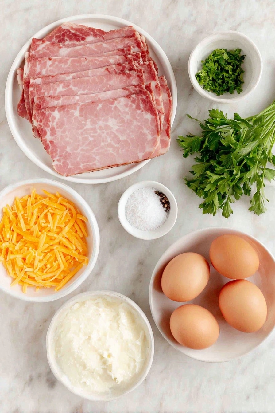 Flat lay of twelve slices of thinly sliced pink ham arranged evenly, a small white ceramic bowl of bright orange shredded cheddar cheese, twelve large whole eggs with clean brown shells, a small white ceramic bowl filled with coarse kosher salt crystals, a small white ceramic bowl with freshly ground black pepper, and a few sprigs of vibrant green chopped fresh parsley scattered neatly, all placed on a clean white marble surface, soft natural light, photo taken with an iPhone, professional food photography style, fresh ingredients, white ceramic bowls, no bottles, no duplicates, no utensils, no packaging --ar 2:3 --v 7 --p m7354615311229779997 - Ham and Egg Breakfast Cups, easy breakfast recipes, quick breakfast ideas, brunch recipe, savory breakfast cups