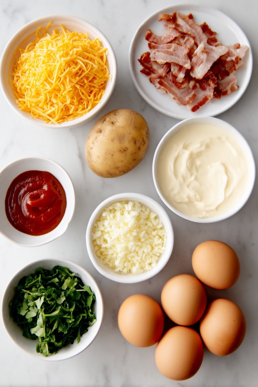 Cheddar Bacon Egg Muffins Recipe 7 Flat lay of a small pile of raw bacon pieces, a small white ceramic bowl of finely chopped onion, a peeled russet potato beside a small mound of grated potato shreds, fresh baby spinach leaves coarsely chopped, shredded mild cheddar cheese arranged in a neat pile, eight whole brown eggs with clean shells, a small white ceramic bowl filled with creamy half and half, and a small white ceramic bowl containing red Tabasco sauce, all arranged in perfect symmetry on a clean white marble surface, soft natural light, photo taken with an iPhone, professional food photography style, fresh ingredients, white ceramic bowls, no bottles, no duplicates, no utensils, no packaging --ar 2:3 --v 7 --p m7354615311229779997 - Cheddar Bacon Egg Muffins, breakfast egg muffins, bacon and cheese egg cups, grab-and-go breakfast recipes, easy egg muffin recipes