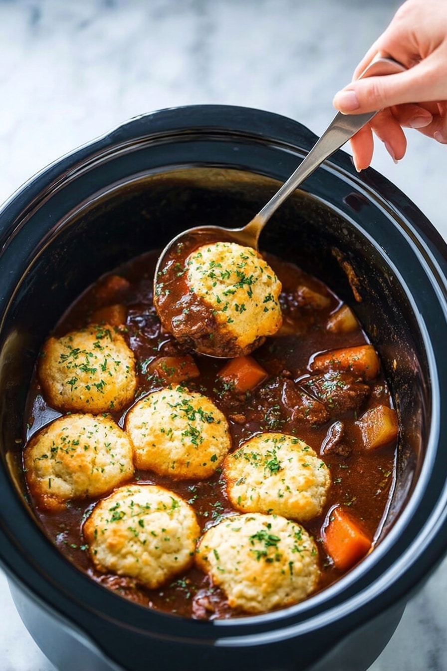 Slow Cooker Beef Stew with Dumplings Recipe 6 A black slow cooker filled with a rich dark brown stew, showing multiple round, light golden biscuit tops floating on the surface, each sprinkled lightly with chopped green herbs. The stew contains visible chunks of orange carrot pieces and brown meat, with a thick, glossy sauce surrounding the biscuits. A woman's hand holds a metal ladle lifting one biscuit with some stew, showing the soft texture of the biscuit and the stew below it. The slow cooker sits on a white marbled surface. photo taken with an iphone --ar 2:3 --v 7 - Slow Cooker Beef Stew with Dumplings, Beef Stew with Dumplings, Easy Beef Stew Recipe, Hearty Slow Cooker Dinner, Comforting Beef Stew
