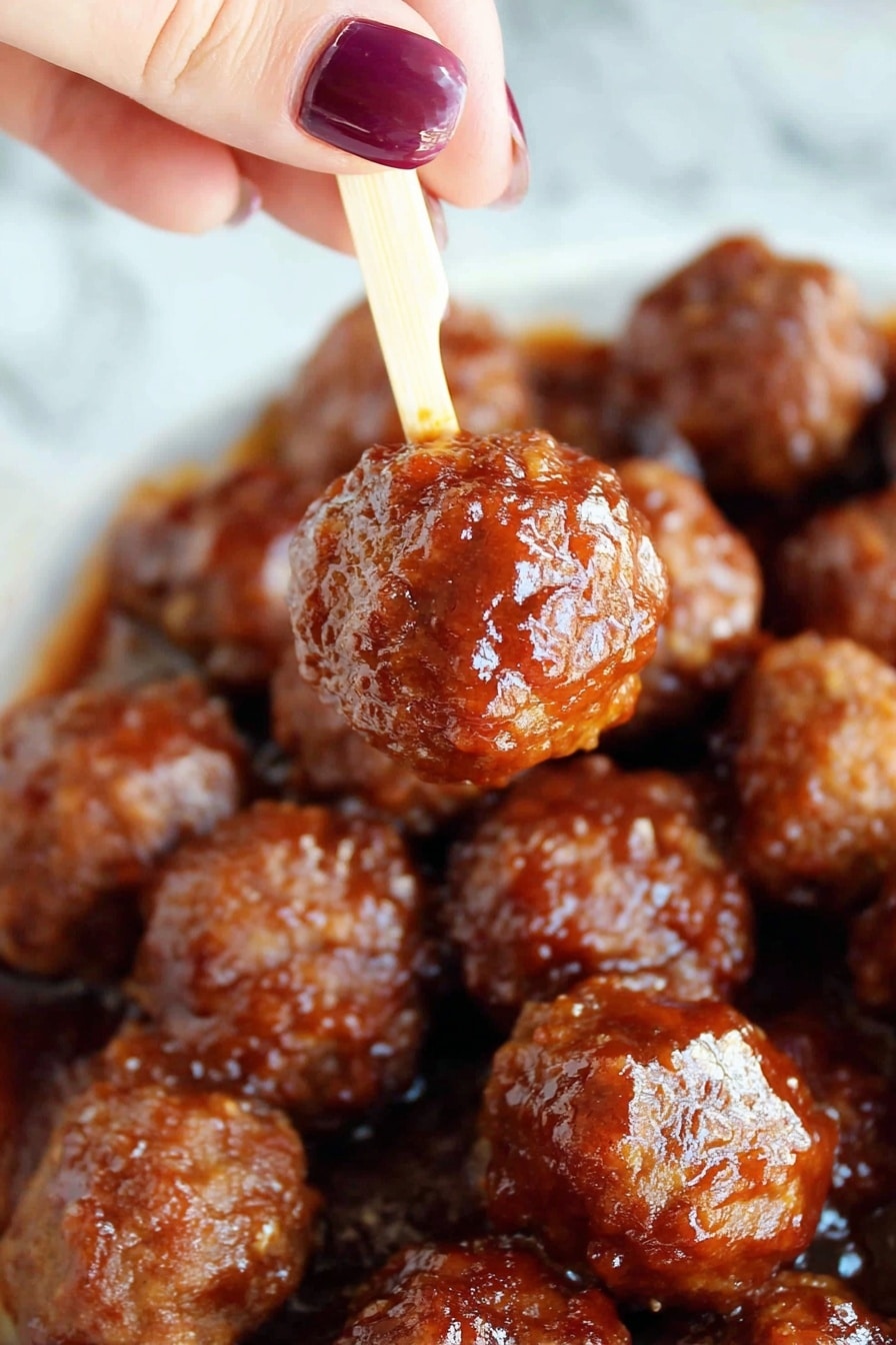 A close-up image shows a woman's hand with purple polished nails holding a small brown meatball on a toothpick above many other similar meatballs covered in a shiny dark reddish-brown sauce, all placed on a white marbled surface. The meatballs have a textured, slightly rough surface and appear moist from the sauce. Photo taken with an iphone --ar 2:3 --v 7 - Cranberry BBQ Meatballs, easy meatball appetizer, slow cooker meatball recipe, sweet and tangy meatballs, holiday party snacks