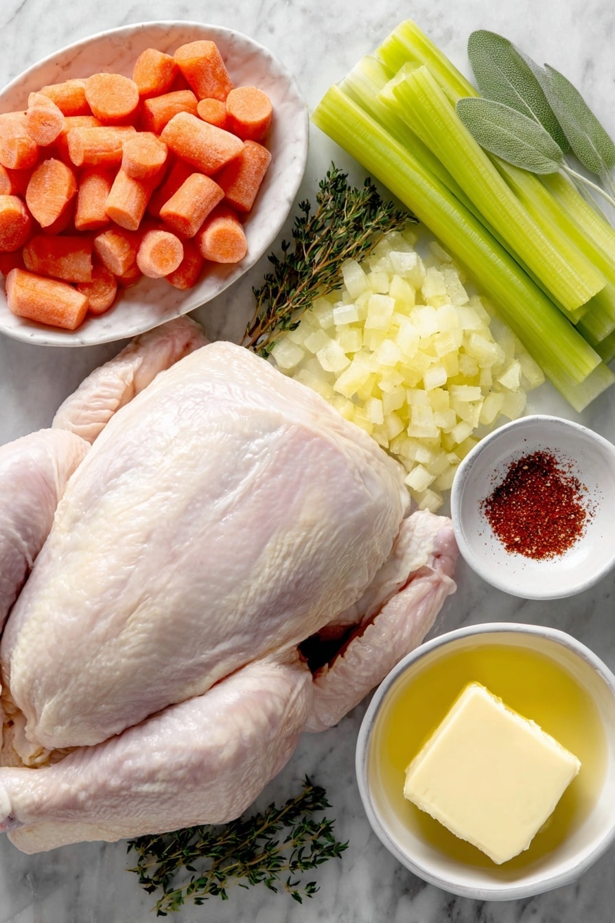 Flat lay of a whole raw chicken with pale pink skin, two bright orange diced carrots piled neatly, a small mound of diced yellow onion with visible layers, two fresh celery ribs cut into pieces showing crisp texture, a few sprigs of dried thyme and sage arranged delicately, a small heap of reddish paprika powder, a pat of salted butter melted in a small white ceramic bowl, and an unopened box of herb-flavored stove top stuffing mix beside the ingredients, all placed symmetrically on simple white ceramic dishes and bowls, placed on a clean white marble surface, soft natural light, photo taken with an iPhone, professional food photography style, fresh ingredients, white ceramic bowls, no bottles, no duplicates, no utensils, no packaging --ar 2:3 --v 7 --p m7354615311229779997 - Slow Cooker Whole Chicken with Stuffing, slow cooker chicken recipe, easy chicken and stuffing, comforting slow cooker dinner, juicy slow cooked chicken