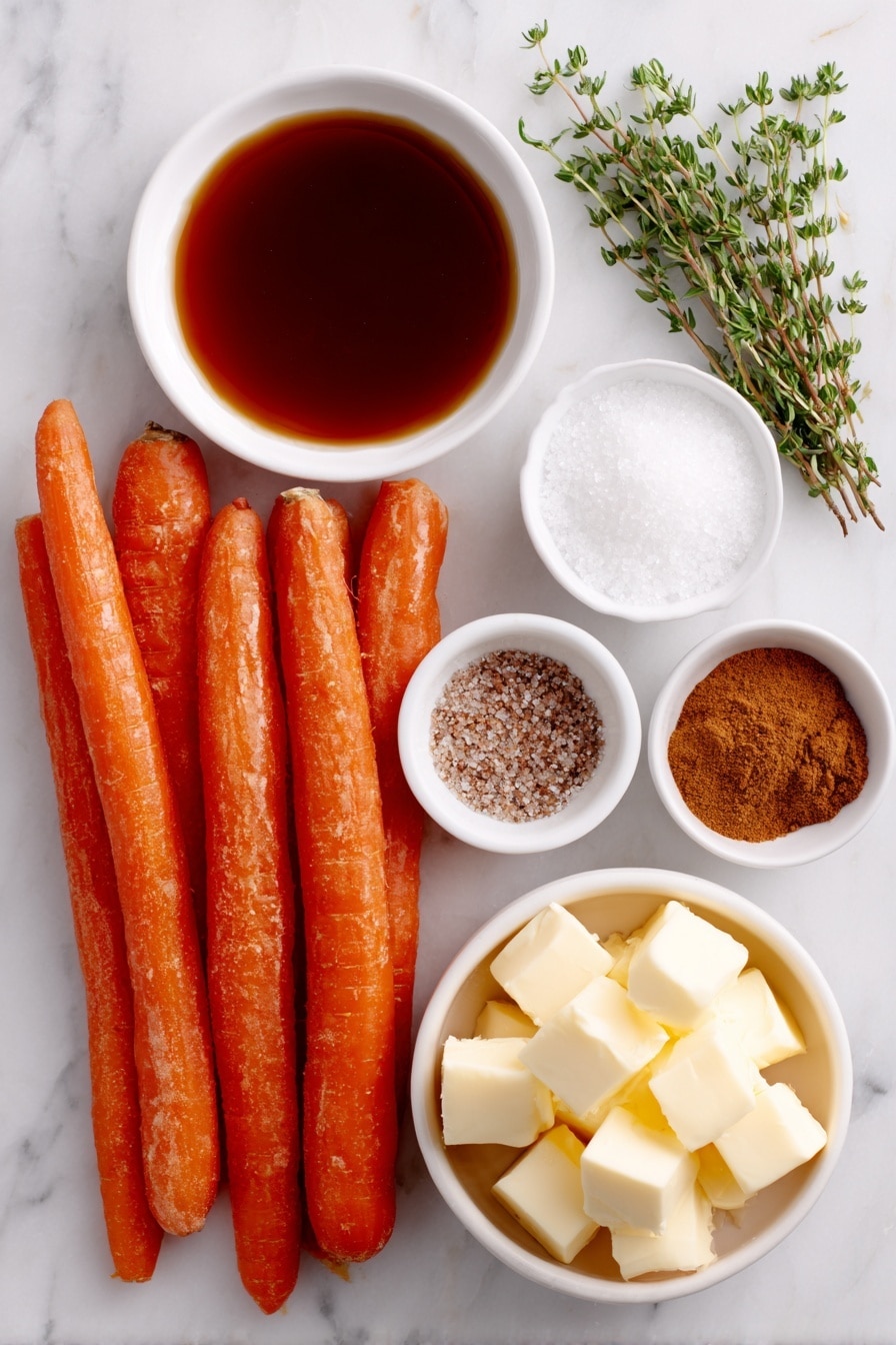 Slow Cooker Maple Glazed Carrots Recipe 7 Flat lay of fresh whole baby carrots with vibrant orange color, a small white bowl filled with deep golden maple syrup, a small white bowl holding packed light brown sugar, neat cubes of pale yellow butter, a small white bowl of fine white salt, a small white bowl of warm brown ground cinnamon, a small white bowl of finely ground black pepper, and a few sprigs of fresh green thyme arranged elegantly, all placed on a clean white marble surface, soft natural light, photo taken with an iPhone, professional food photography style, fresh ingredients, white ceramic bowls, no bottles, no duplicates, no utensils, no packaging --ar 2:3 --v 7 --p m7354615311229779997 - Slow Cooker Maple Glazed Carrots, Maple Glazed Carrots, Easy Carrot Side Dish, Healthy Vegetable Side, Holiday Carrot Recipes