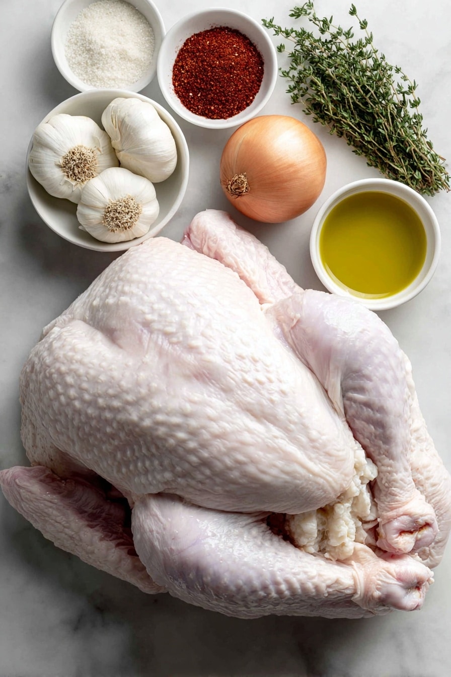 Flat lay of a large raw turkey breast with skin on, a whole head of garlic cut horizontally in half showing fresh cloves, a halved unpeeled brown onion, five fresh sprigs of thyme, a small white ceramic bowl with a reddish paprika powder, a small white bowl with finely ground garlic powder, a small white bowl with onion powder, a small white bowl with coarse salt, a small white bowl with freshly ground black pepper, and a small white bowl filled with golden olive oil, placed on a clean white marble surface, soft natural light, photo taken with an iPhone, professional food photography style, fresh ingredients, white ceramic bowls, no bottles, no duplicates, no utensils, no packaging --ar 2:3 --v 7 --p m7354615311229779997 - Slow Cooker Juicy Turkey Breast, turkey breast slow cooker, moist turkey recipes, easy turkey for holidays, crispy skin turkey