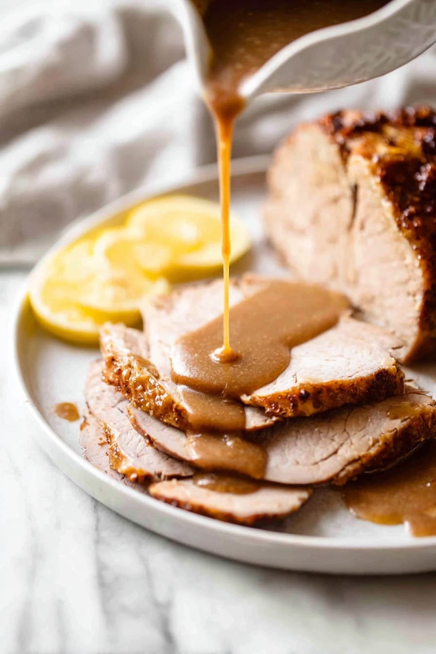 The image shows a white plate on a white marbled surface with a large piece of cooked meat that has a golden-brown, crispy crust and some green herbs on top. To the right are four thick slices of meat, layered neatly with brown gravy drizzled over them. On the left side of the plate, there are two round lemon slices placed flat and a lemon wedge at the bottom right of the plate. Behind the plate, a white cloth holds a silver knife and fork with black handles, and to the upper left, there is a white gravy boat filled with brown gravy, with a silver spoon resting inside it. Photo taken with an iphone --ar 2:3 --v 7 - Slow Cooker Juicy Turkey Breast, turkey breast slow cooker, moist turkey recipes, easy turkey for holidays, crispy skin turkey