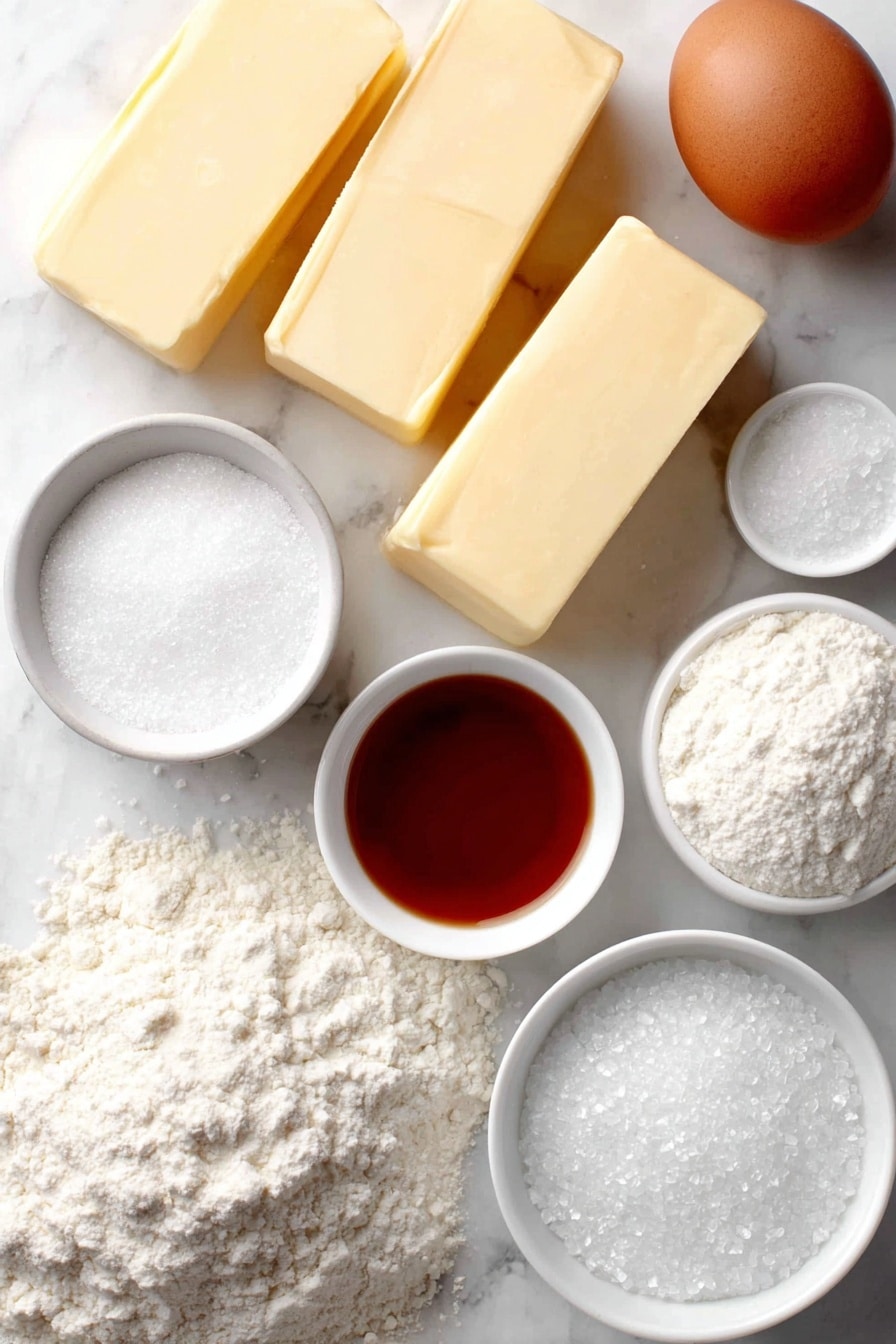 Peppermint Candy Cane Cookies Recipe 7 Flat lay of two sticks of unsalted butter with smooth surfaces, a small heap of white granulated sugar, a tiny white bowl with clear peppermint extract, a tiny white bowl with pale vanilla extract, a small mound of fine baking powder, a small pile of coarse kosher salt, one large whole egg with clean shell, a neat mound of all-purpose flour, a tiny white bowl containing bright red liquid food coloring, a small white bowl with frothy egg white, and a small white bowl filled with sparkling sugar crystals, all arranged symmetrically and placed on a clean white marble surface, soft natural light, photo taken with an iPhone, professional food photography style, fresh ingredients, white ceramic bowls, no bottles, no duplicates, no utensils, no packaging --ar 2:3 --v 7 --p m7354615311229779997 - Peppermint Candy Cane Cookies, festive holiday cookies, easy peppermint cookie recipe, Christmas candy cane cookies, peppermint dessert ideas