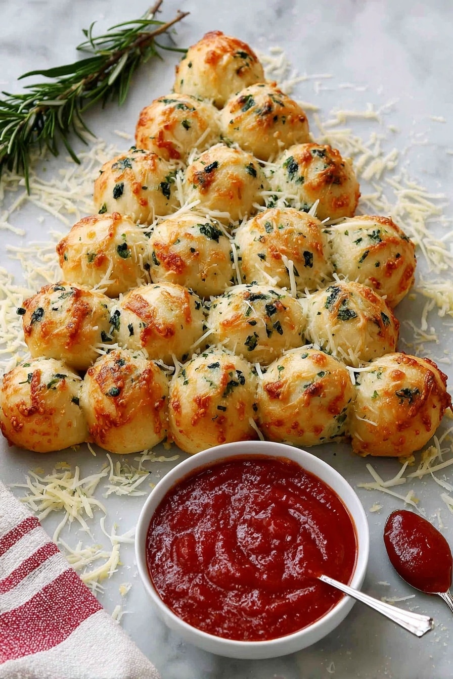 A Christmas tree shaped bundle made of small round golden-brown baked dough balls, each glistening with melted cheese and sprinkled with chopped green herbs, arranged closely to form the tree shape with a small trunk at the bottom. The dough balls have a soft, slightly glossy texture with some cheese melted between them. A woman's hand is dipping one of the dough balls into a white bowl filled with bright red tomato sauce. The scene includes a spoon with more sauce nearby, a fresh green rosemary sprig at the base of the tree, and a red and white checkered cloth on a wooden board background. photo taken with an iphone --ar 2:3 --v 7 - Cheesy Christmas Tree Bread, festive bread appetizer, holiday cheese bread, Christmas bread recipe, easy holiday party appetizer