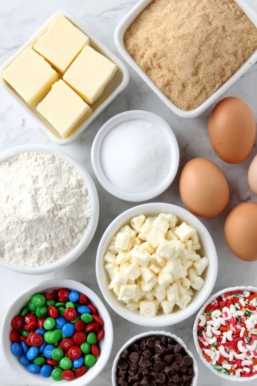 Flat lay of a few cubes of soft salted butter, a small white ceramic bowl of packed light brown sugar, a small white ceramic bowl of granulated white sugar, two whole uncracked brown eggs, a small white ceramic bowl with amber vanilla bean paste, a small mound of pale all-purpose flour, a small white ceramic bowl with a mix of red and green M&M's, a small white ceramic bowl of white chocolate chips, a small white ceramic bowl of broken pretzel pieces, a small white ceramic bowl of broken potato chip pieces, and a small white ceramic bowl of red and green jimmies, all arranged with perfect symmetry and balanced proportions, placed on a clean white marble surface, soft natural light, photo taken with an iPhone, professional food photography style, fresh ingredients, white ceramic bowls, no bottles, no duplicates, no utensils, no packaging --ar 2:3 --v 7 --p m7354615311229779997 - Christmas Cookie Sinkers without recipe, holiday cookie recipes, festive cookies with M&Ms and chips, easy Christmas cookies, colorful holiday treats