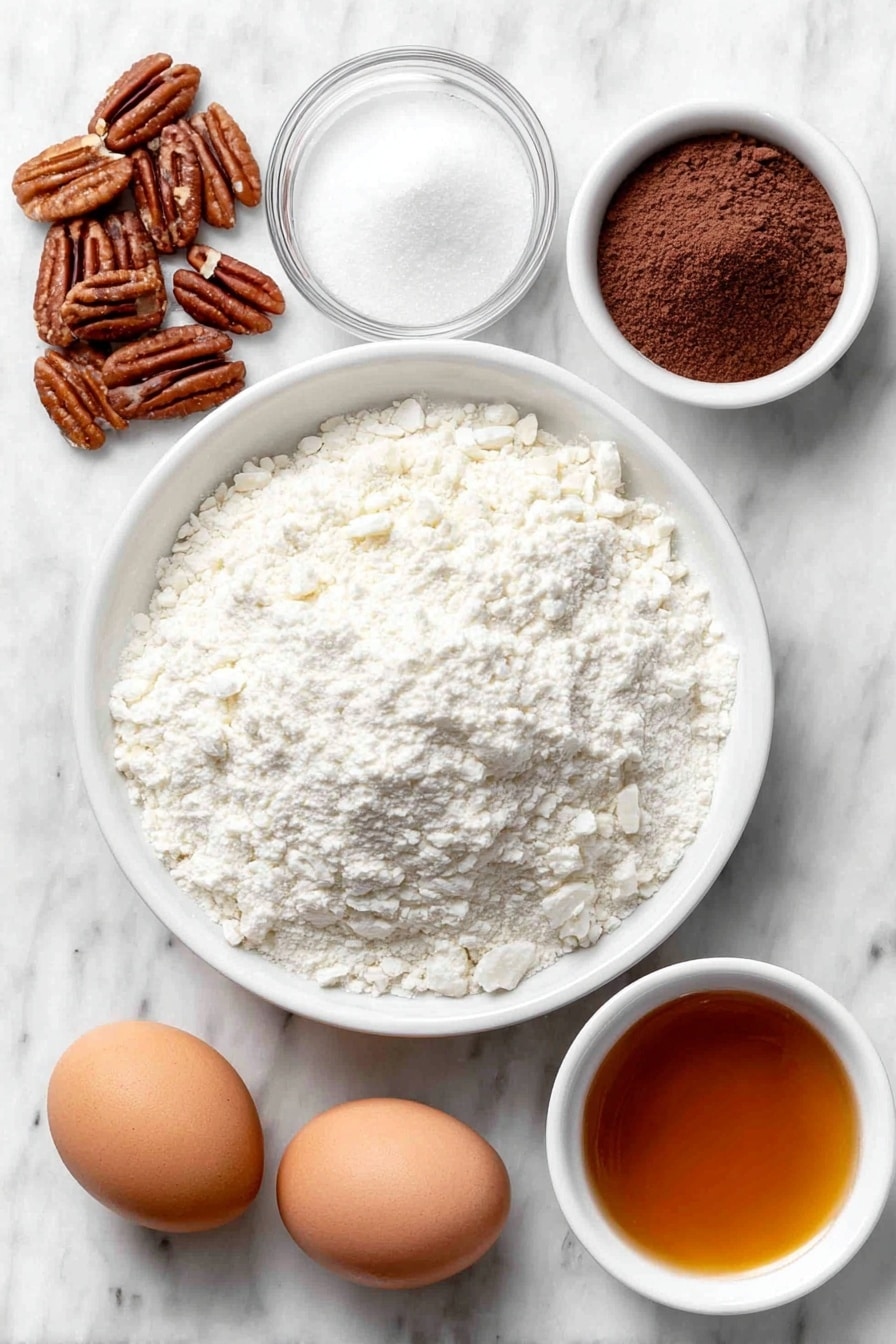 Flat lay of crushed vanilla wafers in a pile, a small mound of ground pecans, a small white bowl filled with fine confectioners sugar, a small white bowl containing rich dark cocoa powder, a small white bowl with dark amber honey, a small white bowl of clear water, and two whole uncracked brown eggs, all arranged in perfect symmetry on a simple white ceramic plate and bowls, placed on a clean white marble surface, soft natural light, photo taken with an iPhone, professional food photography style, fresh ingredients, white ceramic bowls, no bottles, no duplicates, no utensils, no packaging --ar 2:3 --v 7 --p m7354615311229779997 - No Bake Chocolate Rum Balls, easy chocolate rum treats, boozy chocolate desserts, quick no bake snacks, decadent rum ball recipes