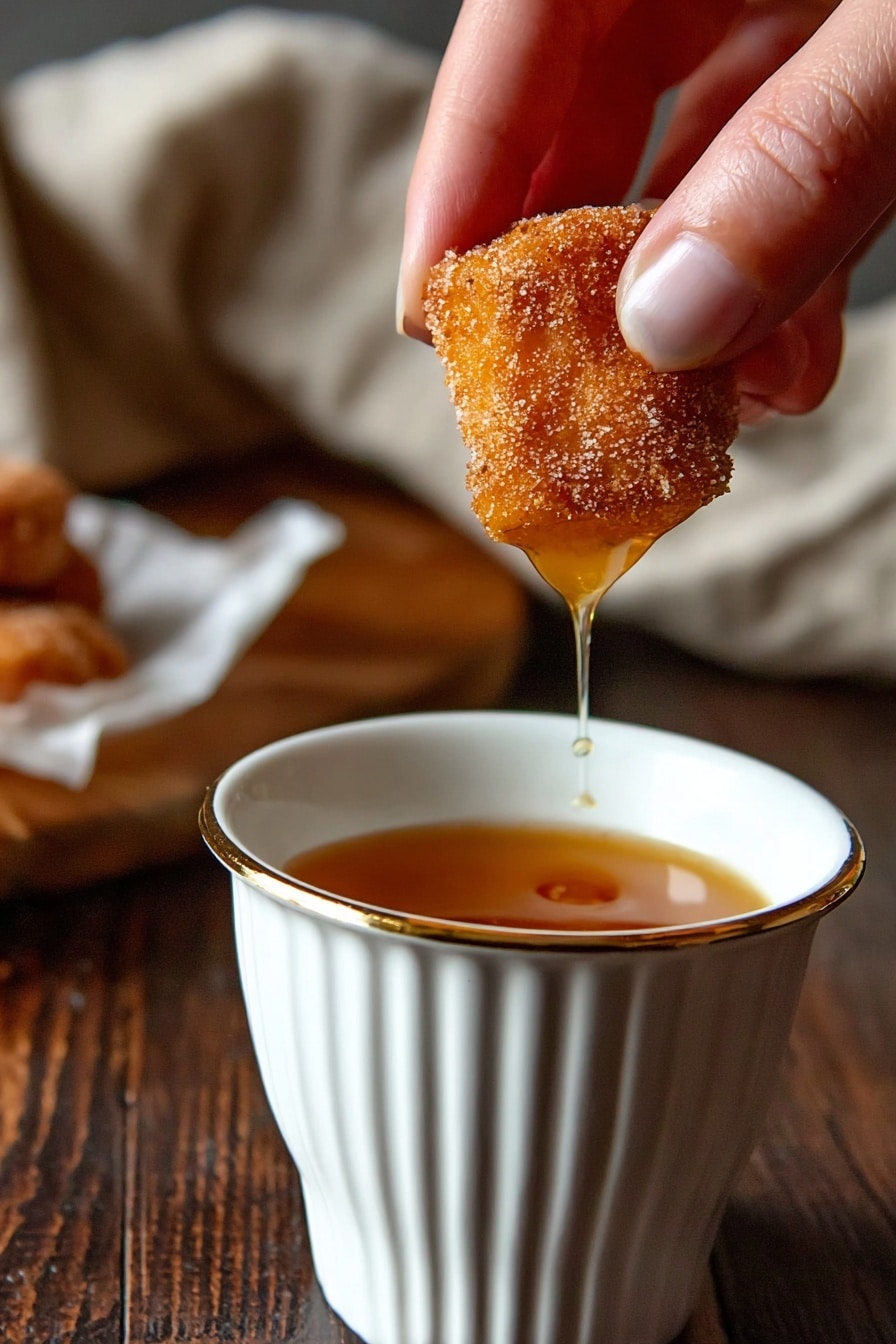 The image shows a white bowl with a honeycomb pattern filled with golden brown fried dough balls coated in sugar. The dough balls have a rough texture and some are dripping with sticky caramel sauce. The bowl is placed on a dark wooden surface, with some sugar granules scattered around. In the background, there is a tall glass of latte on a white marbled surface, and a blurred brown cloth napkin. photo taken with an iphone --ar 2:3 --v 7 - Cinnamon Sugar Churro Bites Cinnamon Sugar Churro Bites Easy Churro Bites Crispy Churro Bites