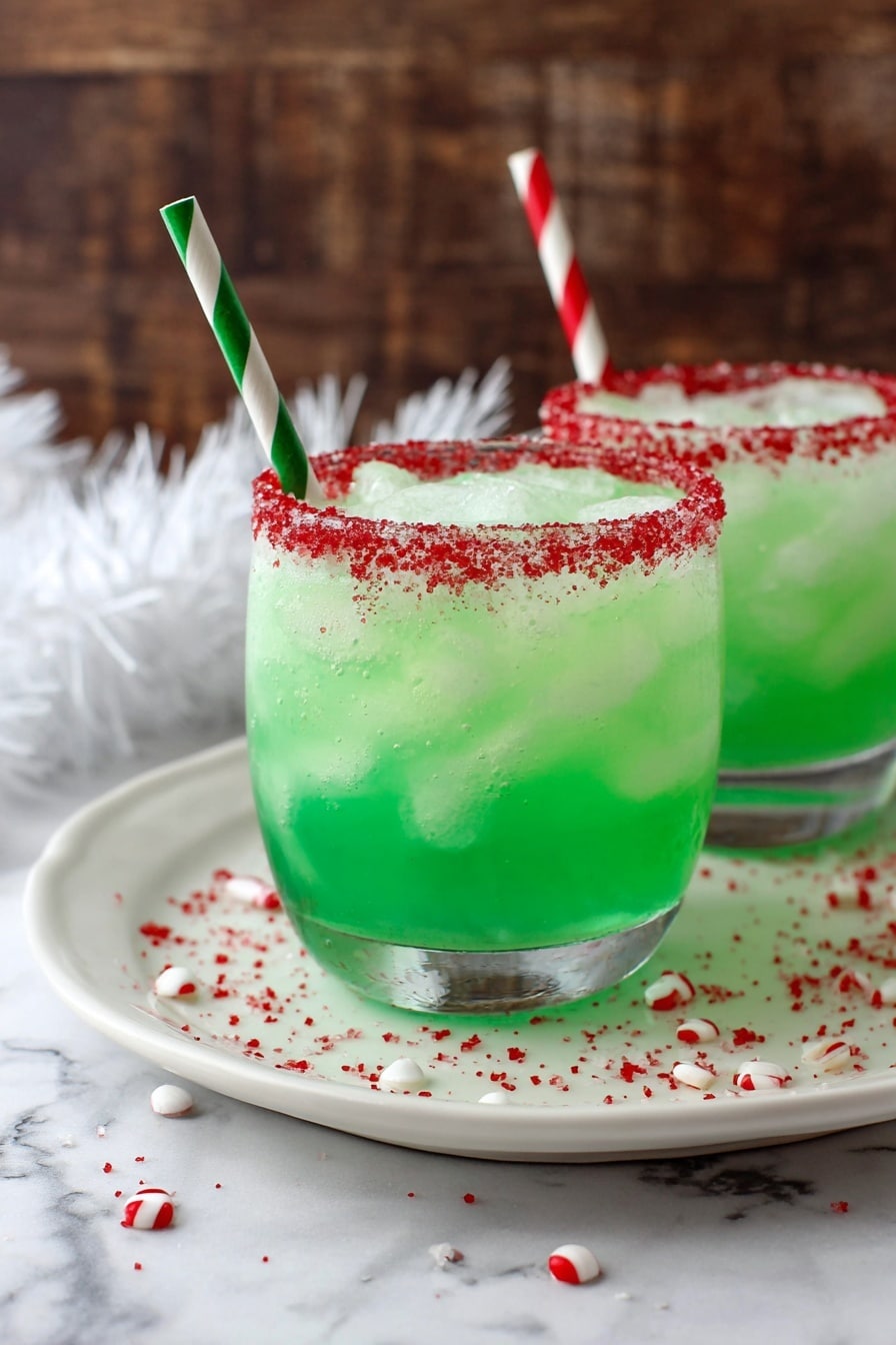 Two clear glasses filled with bright green drink and ice cubes sit on a white rectangular plate that has small red and white sprinkles scattered on it. Each glass has a thick red sugar rim and a striped paper straw—one green and white, the other red and white—standing upright in the drink. The background is a white marbled texture with a wooden wall that is out of focus behind the glasses. photo taken with an iphone --ar 2:3 --v 7 - Festive Grinch Punch, green holiday punch, Christmas party drinks, holiday festive drinks, easy holiday punch
