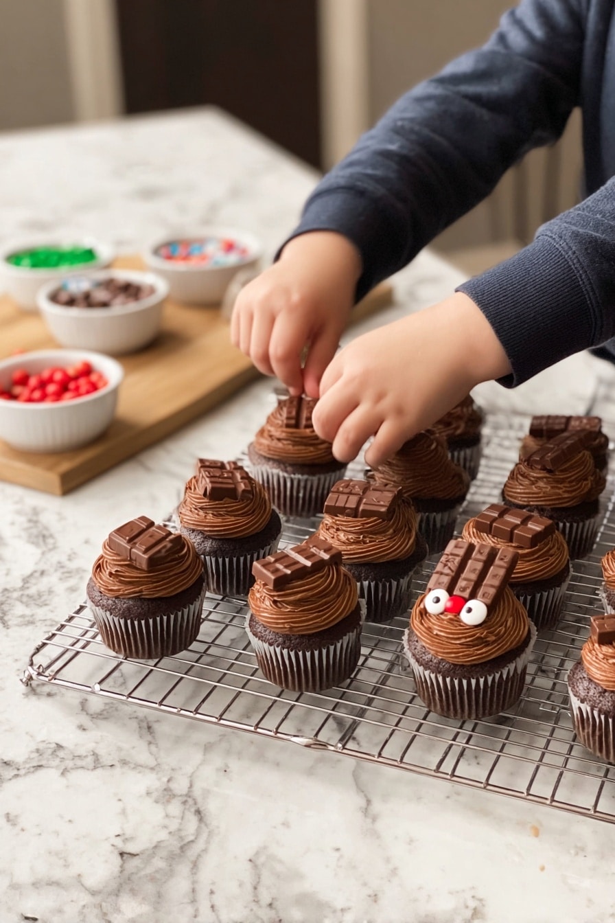 Rudolph Cupcakes with Chocolate and Pretzel Antlers Recipe 8 There are twelve chocolate cupcakes on a metal cooling rack placed on a white marbled countertop. Each cupcake has one thick layer of brown chocolate frosting swirled on top, with two cupcakes having an extra decoration layer with a small piece of chocolate bar on top, decorated with two white candy eyes and a red candy nose. A child wearing a dark long sleeve shirt is using both hands to place the chocolate bar piece on one of these cupcakes. In the background, there is a light wooden board holding small bowls with candies and chocolate decorations. Photo taken with an iphone --ar 2:3 --v 7 - Rudolph Cupcakes with Chocolate and Pretzel Antlers, festive holiday cupcakes, reindeer Christmas dessert, adorable holiday cupcake ideas, easy holiday treats