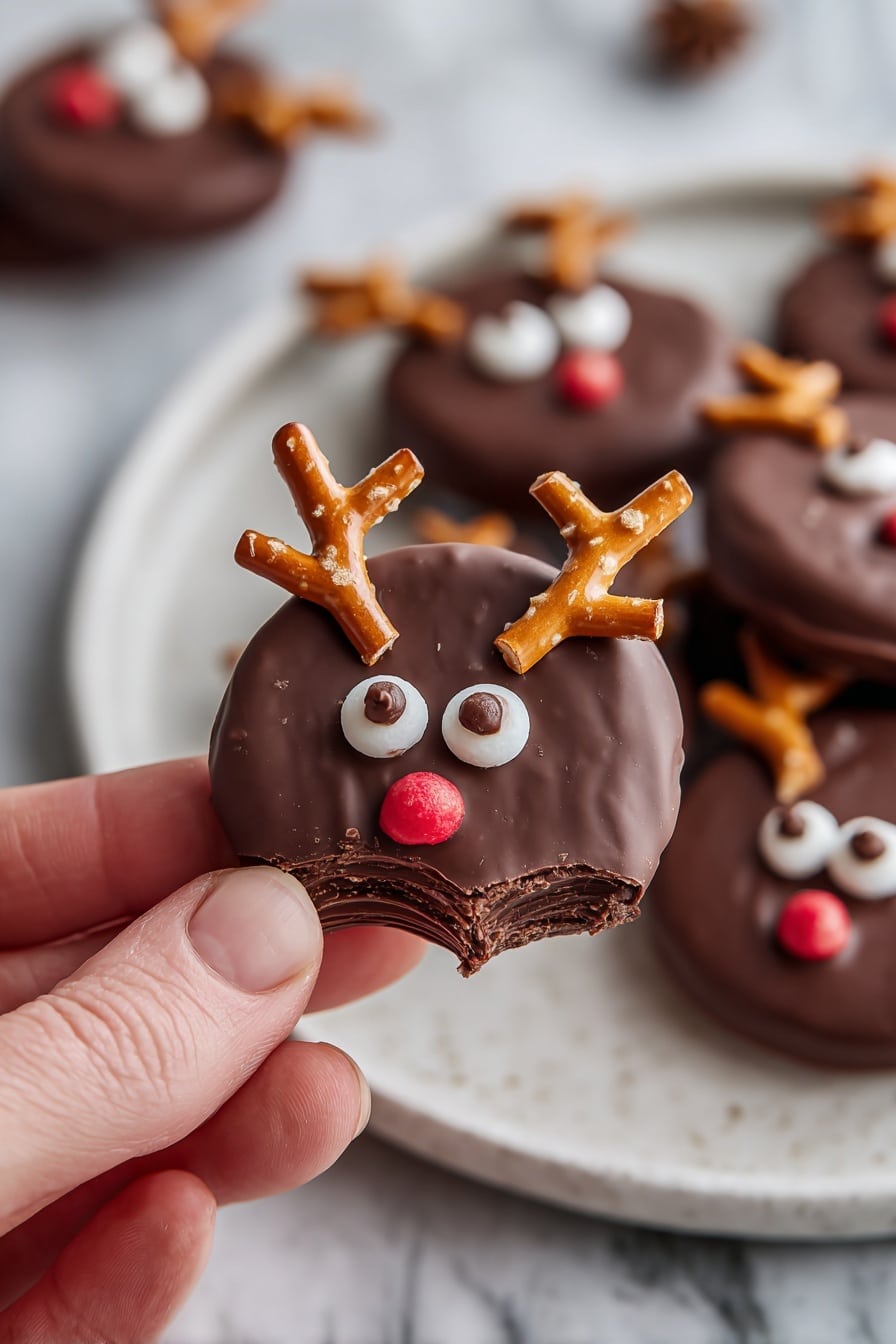 The image shows a white plate on a white marbled surface holding several chocolate-covered donuts. Each donut has a smooth, shiny dark brown chocolate glaze covering the top. Two of the donuts are decorated like reindeer, with small white candy eyes that have brown dots in the center, a red circular candy nose in the middle, and pretzel sticks acting as antlers sticking out from the top sides. The other donuts are plain with just the glossy chocolate glaze. The colors are mainly dark brown, white, and bright red with light tan from the pretzels. Photo taken with an iphone --ar 2:3 --v 7 - Chocolate Frosted Reindeer Donuts, festive holiday donuts, reindeer decorated donuts, easy Christmas treats, holiday donut recipes