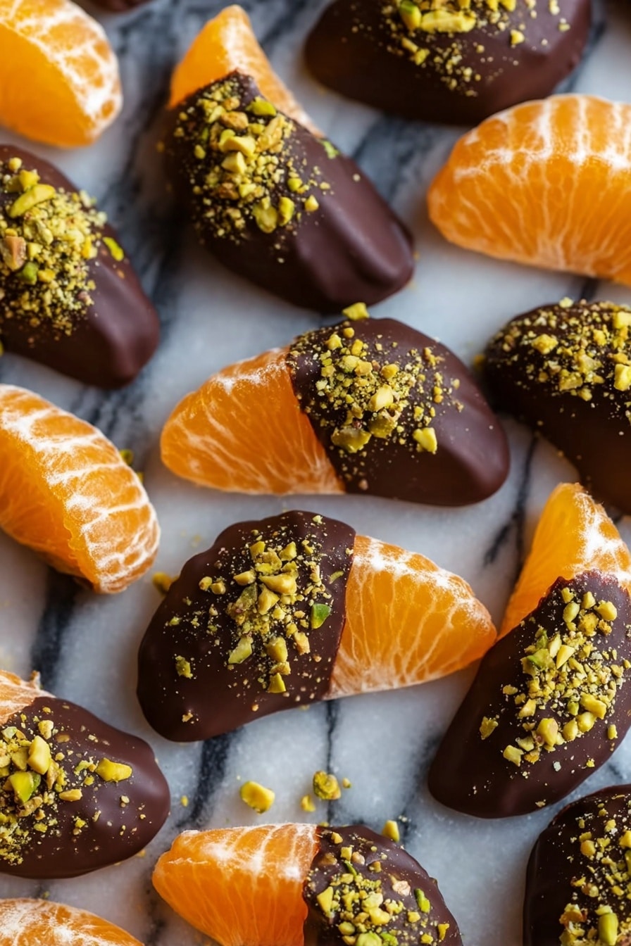Chocolate Dipped Mandarin Slices Recipe 8 The image shows multiple tangerine segments arranged on a white marbled surface. Each segment has a bright orange color with a textured, slightly translucent peel showing natural fruit details. About half of each segment is dipped in dark chocolate, which is smooth and shiny, covering the top part. On the chocolate layer, crushed green pistachios are sprinkled, adding a rough texture and a touch of greenish-yellow color. The segments are evenly spread out in rows, with some segments fully covered by chocolate and pistachios and others plain orange. photo taken with an iphone --ar 2:3 --v 7 - Chocolate Dipped Mandarin Slices, candied mandarin segments, citrus chocolate treats, easy fruit dessert, festive chocolate fruit dessert