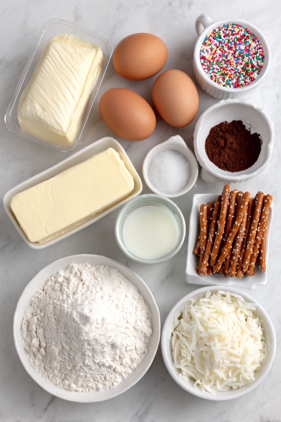 Flat lay of a small mound of all-purpose flour, a small pile of unsweetened cocoa powder, a teaspoon of baking soda, a small heap of baking powder, a pinch of salt, a block of unsalted butter at room temperature, a pile of granulated sugar, three large brown eggs with clean shells, a small white bowl of vanilla extract, a small white bowl of whole milk, a cup of shiny green candy melts, a handful of pretzel sticks, assorted colorful sprinkles scattered neatly, a pile of shredded sweetened coconut flakes, a small block of cream cheese, a small white bowl of powdered sugar placed symmetrically on a clean white marble surface, soft natural light, photo taken with an iPhone, professional food photography style, fresh ingredients, white ceramic bowls, no bottles, no duplicates, no utensils, no packaging --ar 2:3 --v 7 --p m7354615311229779997 - Chocolate Christmas Tree Cupcakes, festive holiday cupcakes, Christmas cupcake ideas, holiday dessert recipes, whimsical Christmas treats