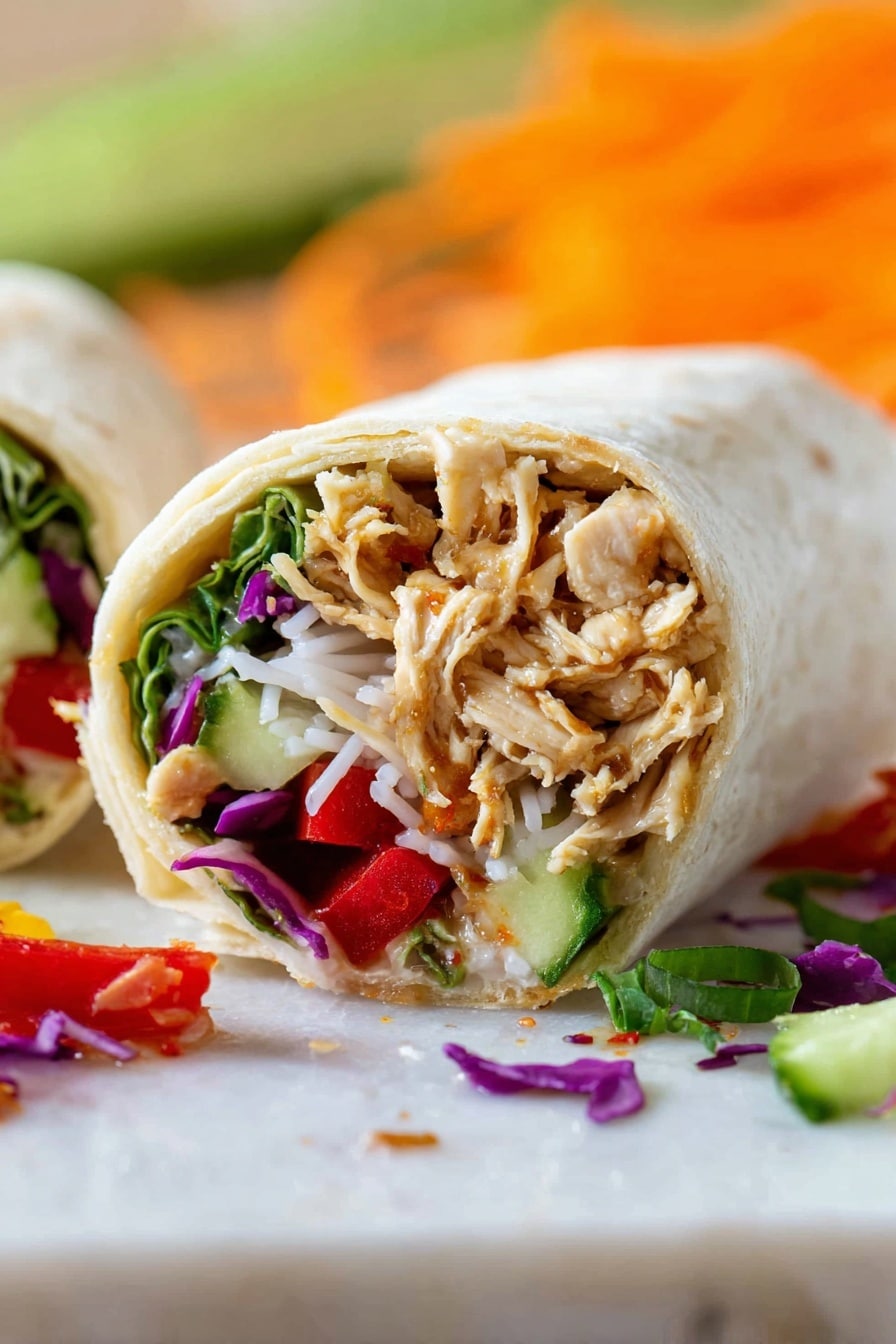 A close-up of an open wrap on a white marbled surface, showing multiple layers inside. The bottom layer is white thin noodles, topped with light brown cooked chicken pieces. On top of that, there are thin orange carrot strips and bright purple cabbage slices. Fresh green cilantro leaves and chopped green onions are scattered over the top. A red chili pepper sits near the middle of the wrap. The background shows a blurred white can and orange carrot pieces on a white marbled texture. Photo taken with an iphone --ar 2:3 --v 7 - Chicken Teriyaki Wraps, easy chicken wraps, quick weeknight dinner, healthy chicken wraps, savory teriyaki chicken recipes