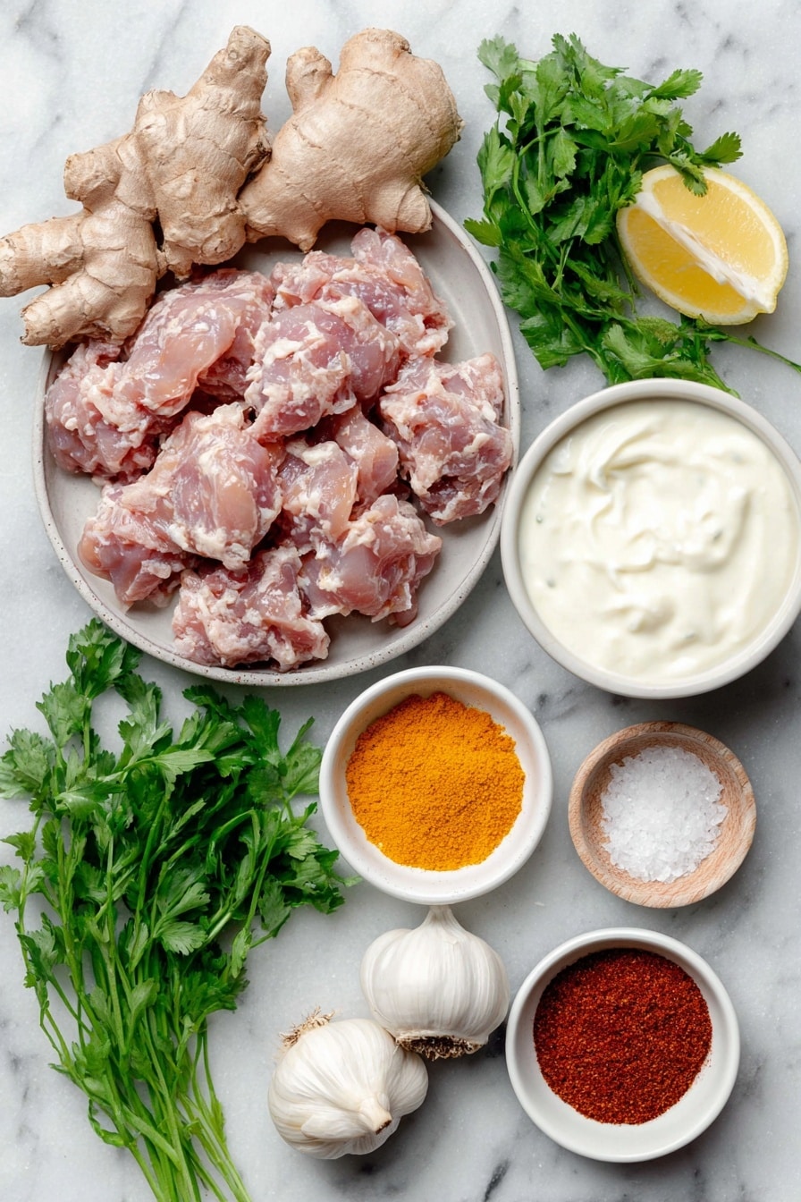 Flat lay of a cluster of fresh raw chicken breast pieces, a thumb-sized fresh ginger root with textured light brown skin, three clean whole garlic bulbs with white papery skins, a small mound of bright green fresh coriander leaves with stems, a simple white ceramic bowl filled with creamy white yogurt, another small white ceramic bowl holding vibrant orange-red Kashmiri chili powder, a white ceramic bowl containing golden cooking oil, a small white bowl with bright yellow turmeric powder, a white bowl with reddish-brown garam masala powder, a tiny white bowl with ground cumin powder in light brown shade, a wedge of fresh lemon with bright yellow peel cut to show juicy interior, a small white bowl with fine white salt crystals, all ingredients naturally fresh and unprocessed, perfectly arranged in symmetrical balance on a clean white marble surface, soft natural light, photo taken with an iPhone, professional food photography style, fresh ingredients, white ceramic bowls, no bottles, no duplicates, no utensils, no packaging --ar 2:3 --v 7 --p m7354615311229779997 - Chicken Tikka Kebabs with Indian Spices, Indian Spice Chicken Skewers, Authentic Chicken Tikka Marinade, Juicy Indian Kabobs, Easy Indian Kebabs