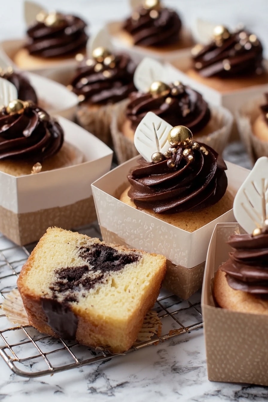 The image shows multiple cupcakes in white paper boxes, each topped with dark brown, smooth chocolate frosting swirled in a decorative pattern. On top of the frosting sits a white leaf-shaped decoration and small shiny golden ball accents. One cupcake is unwrapped and cut in half, revealing three layers: the bottom layer is a light, spongy cake with a golden-brown crust, the middle layer has a soft, dark chocolate filling, and the top is covered with rich chocolate frosting. The cupcakes are placed on a white marbled surface with a cooling rack in the background. photo taken with an iphone --ar 2:3 --v 7 - Autumn Chocolate Cupcakes with Gold Accents, fall dessert recipes, elegant cupcake ideas, festive chocolate cupcakes, autumn dessert decorations