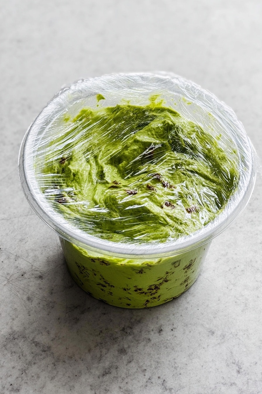 Easy Ripe Avocado Guacamole Recipe 8 A clear plastic container sits on a white marbled surface, filled with a bright green mixture that appears creamy with small darker green and brown specks spread throughout. The container is lined with shiny plastic wrap that is loosely covering the green mixture, creating wrinkles and reflections on the surface. The texture of the mixture looks smooth but uneven with some raised areas and swirls. The background is simple and light, putting full focus on the container and its vibrant green contents. photo taken with an iphone --ar 2:3 --v 7 - Easy Ripe Avocado Guacamole, homemade guacamole, quick avocado dip, healthy guacamole recipe, flavorful guacamole