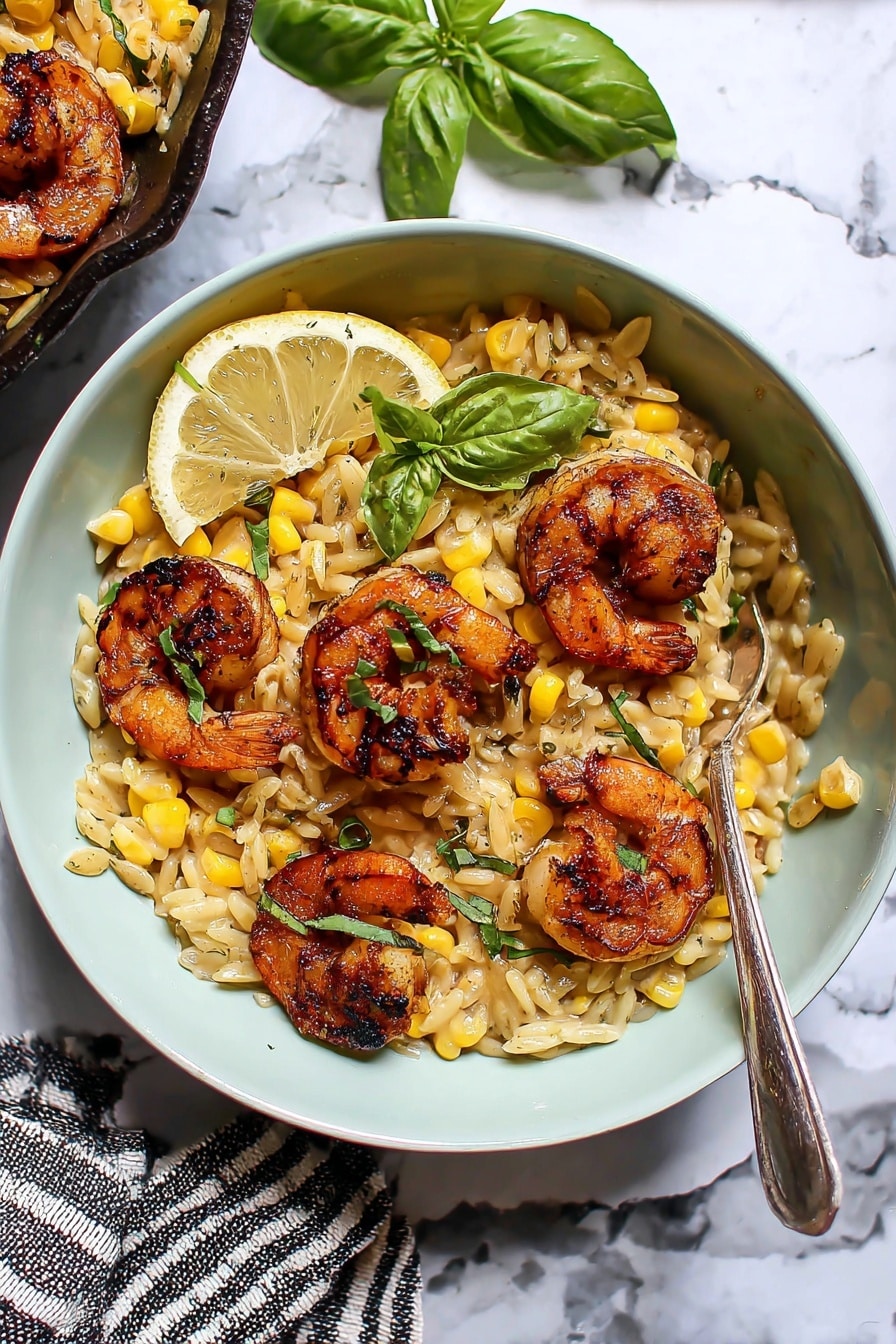 A white bowl filled with a creamy orzo pasta mixed with yellow corn kernels and light green herbs, topped with five large, browned grilled shrimp arranged evenly around the bowl. On the left side inside the bowl, there is a wedge of lemon. A few fresh basil leaves are placed in the center for garnish, and a silver spoon is partially placed inside the bowl on the right side. The bowl sits on a white marbled surface, and part of a striped cloth is visible at the bottom left corner. Photo taken with an iphone --ar 2:3 --v 7 - Creamy Shrimp and Corn Orzo Skillet, Shrimp and Corn Orzo dinner, One-pan shrimp pasta, Easy seafood skillet recipe, Creamy seafood orzo