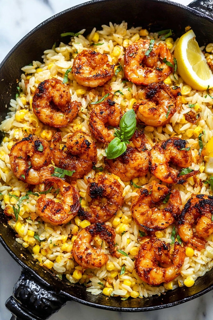 A black cast iron pan filled with a base layer of pale yellow orzo pasta mixed with roasted corn kernels showing bright yellow and slight charred spots, scattered with bits of green herbs, topped by a layer of well-seasoned, charred shrimp that are orange with dark grill marks. Among the shrimp and pasta, there are fresh basil leaves adding bright green color and a lemon wedge visible on the side adding a light yellow touch. The dish sits on a white marbled surface. Photo taken with an iphone --ar 2:3 --v 7 - Creamy Shrimp and Corn Orzo Skillet, Shrimp and Corn Orzo dinner, One-pan shrimp pasta, Easy seafood skillet recipe, Creamy seafood orzo