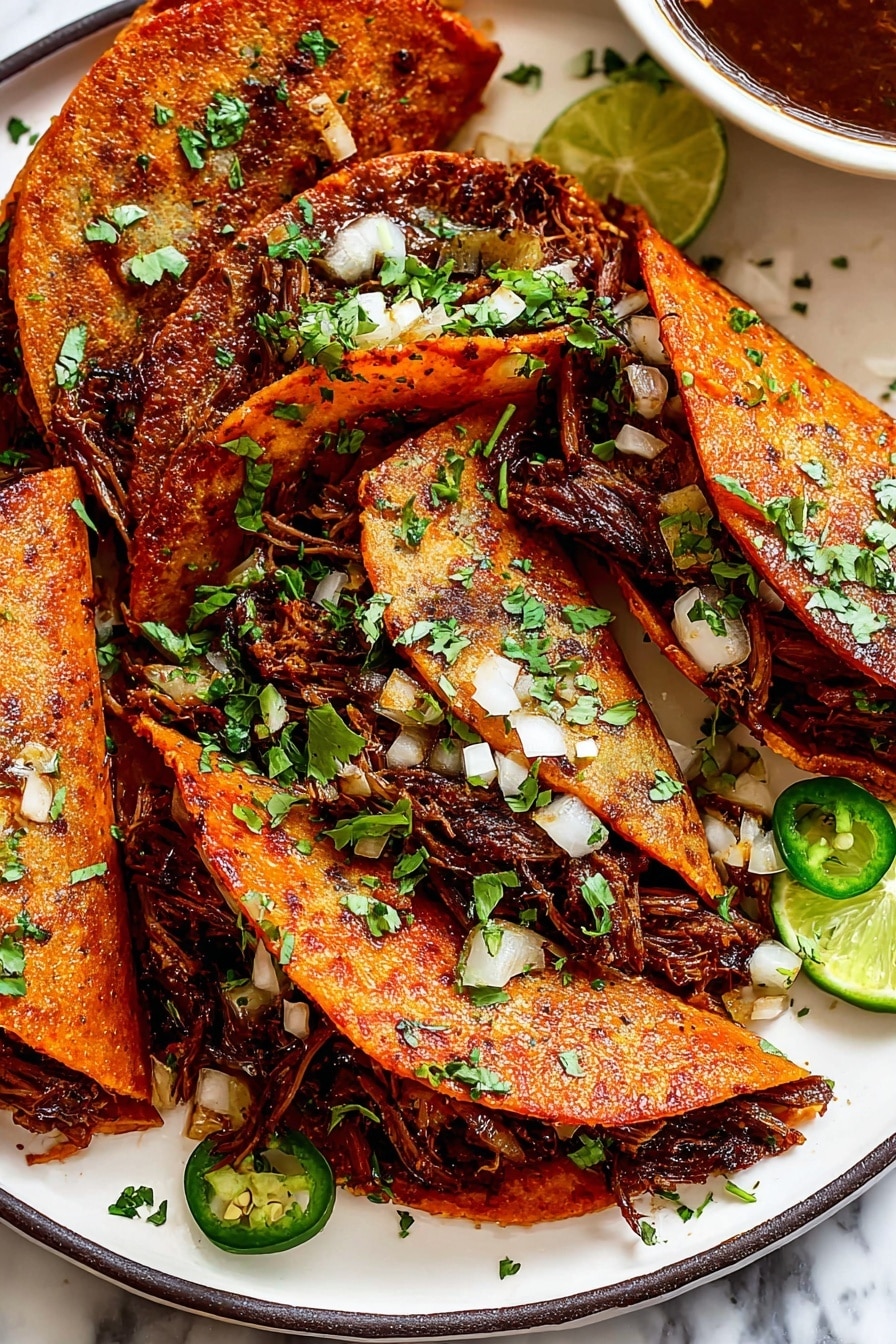 Beef Birria Tacos Recipe 6 The image shows several folded tacos on a white plate with dark rim, placed on a white marbled surface. Each taco has two visible layers: the outer layer is a reddish-orange crispy tortilla with a browned, seasoned texture, and the inner layer is filled with dark brown shredded meat mixed with small white onion pieces and green cilantro leaves. Some tacos are topped with more chopped cilantro and white onions. There are a few slices of green jalapeño and lime wedges scattered around the plate, along with additional cilantro leaves. A bowl with dark reddish-brown sauce is partially visible near the top right of the plate. photo taken with an iphone --ar 2:3 --v 7 - Beef Birria Tacos, Authentic Mexican Birria Tacos, How to Make Birria Tacos, Spicy Beef Birria Tacos, Best Birria Tacos Recipe