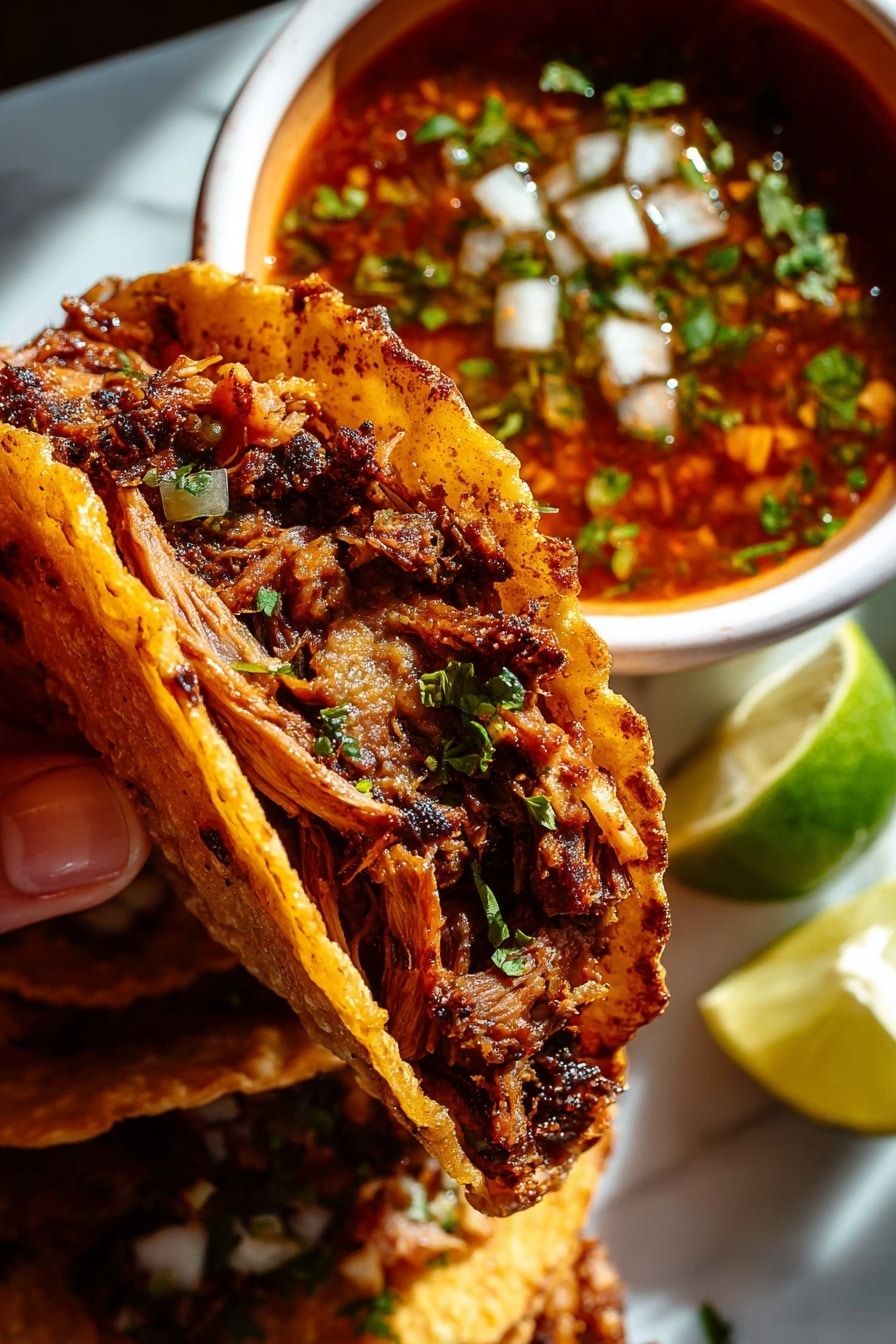 Authentic Birria Tacos Recipe 8 A close-up view shows a woman's hand holding a taco with one layer of crunchy, golden-brown taco shell filled with a second layer of juicy, shredded meat that has dark caramelized edges. Behind the taco, there is a white bowl filled with a red-colored sauce topped with finely chopped green herbs and white onion bits. In the background, more tacos rest on a white surface with a lime wedge next to them, all placed on a white marbled texture. The image is bright, with warm sunlight emphasizing the golden and reddish tones of the food. photo taken with an iphone --ar 2:3 --v 7 - Authentic Birria Tacos, Birria Tacos recipe, Mexican birria tacos, homemade birria tacos, best birria tacos