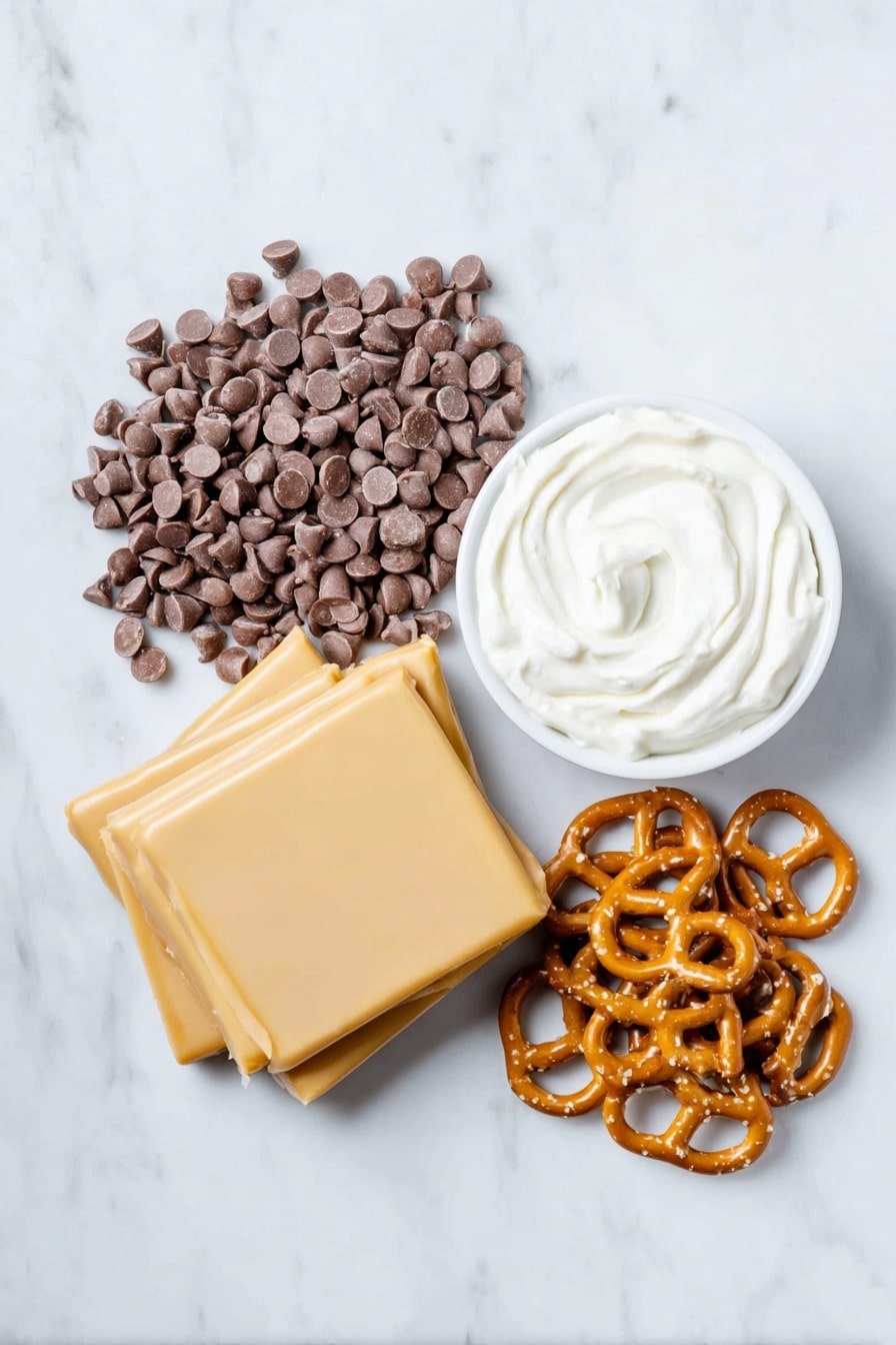 Flat lay of a small pile of smooth milk chocolate chips, a handful of twisted, glossy salted pretzels, a neat stack of individually unwrapped golden caramel squares, and a small white ceramic bowl filled with thick heavy cream, all arranged in perfect symmetry on a clean white marble surface, soft natural light, photo taken with an iPhone, professional food photography style, fresh ingredients, white ceramic bowls, no bottles, no duplicates, no utensils, no packaging --ar 2:3 --v 7 --p m7354615311229779997 - Salted Caramel Pretzel Bark, salted caramel pretzel bark recipe, homemade caramel pretzel bark, easy sweet and salty treats, festive holiday candy