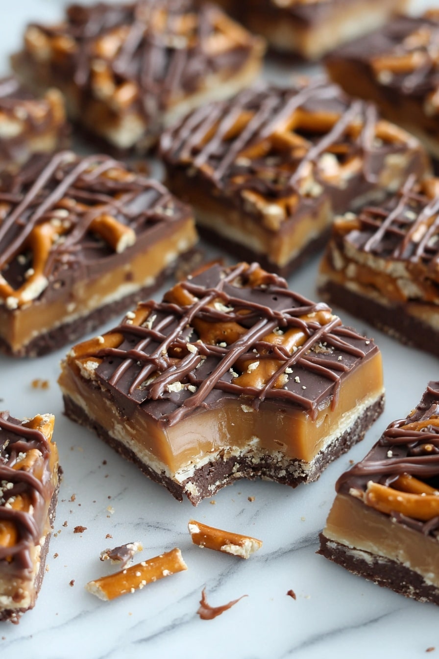 The image shows several square pieces of salted caramel pretzel bark stacked and spread on a white marbled surface. Each piece has three distinct layers: the bottom layer is a smooth, dark brown chocolate base; the middle layer shows a shiny, light golden caramel with crunchy pretzel pieces embedded inside; the top layer features dark brown chocolate drizzled in a crisscross pattern over the caramel and pretzels, creating a textured grid look. Some broken pretzel bark pieces and crumbs are scattered around, enhancing the casual, homemade feel of the scene. photo taken with an iphone --ar 2:3 --v 7 - Salted Caramel Pretzel Bark, salted caramel pretzel bark recipe, homemade caramel pretzel bark, easy sweet and salty treats, festive holiday candy