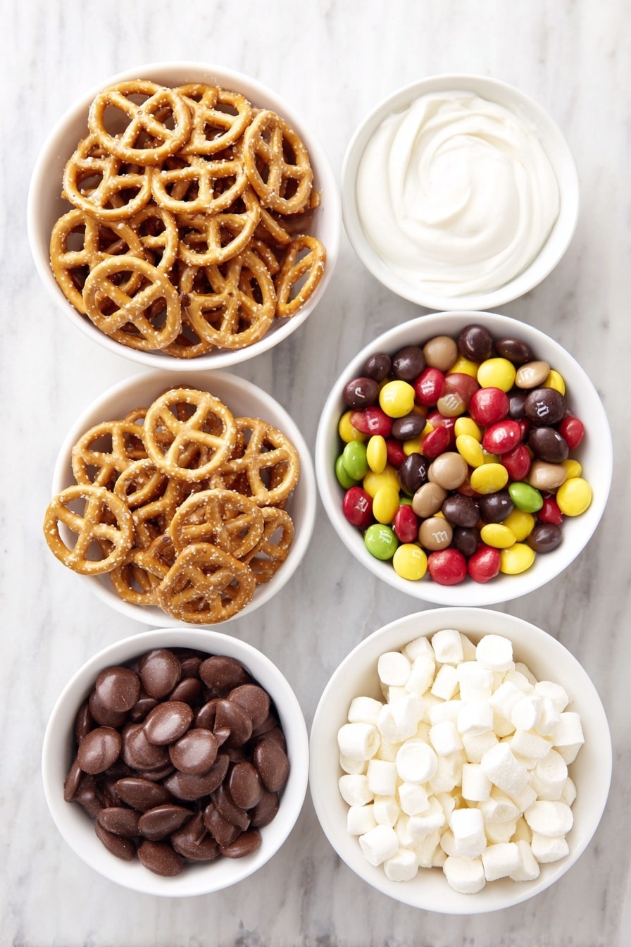 Flat lay of fresh, small waffle pretzels arranged neatly, a pile of smooth, shiny Hershey’s kisses and hugs chocolates unwrapped, and a scattering of colorful M&Ms, all placed separately in simple white ceramic bowls and directly on the surface, placed on a clean white marble surface, soft natural light, photo taken with an iPhone, professional food photography style, fresh ingredients, white ceramic bowls, no bottles, no duplicates, no utensils, no packaging --ar 2:3 --v 7 --p m7354615311229779997 - Hershey's Kiss Pretzel Bites, easy chocolate pretzel bites, salty sweet snack recipes, quick party appetizers, simple holiday treats