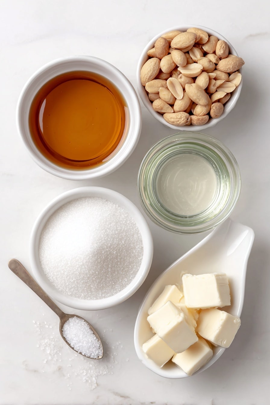 Flat lay of a small mound of white granulated sugar, a small white ceramic bowl of light golden corn syrup, a small white ceramic bowl of clear water, a few grains of coarse salt scattered neatly on a white ceramic spoon-shaped dish, a small pile of raw unshelled peanuts, a small white ceramic bowl holding a few tablespoons of unsalted butter cut into chunks, and a small white ceramic bowl with a teaspoon of fine white baking soda, all arranged symmetrically and naturally, placed on a clean white marble surface, soft natural light, photo taken with an iPhone, professional food photography style, fresh ingredients, white ceramic bowls, no bottles, no duplicates, no utensils, no packaging --ar 2:3 --v 7 --p m7354615311229779997 - Homemade Peanut Brittle, peanut brittle recipe, crunchy peanut candy, easy candy recipe, salted peanut brittle