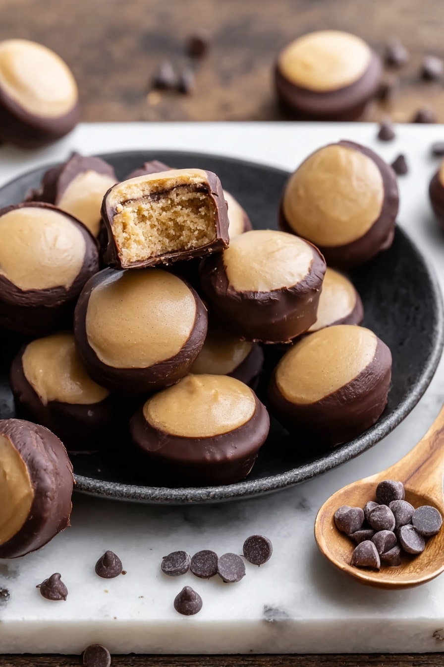 Easy Homemade Buckeyes Chocolate Peanut Butter Candies Recipe 6 The image shows several small round treats stacked in a black plate on a white marbled surface. Each treat has two layers: a smooth, light brown top layer with a slightly glossy texture, and a dark brown bottom layer that looks like chocolate coating. One treat on top of the stack is bitten, revealing a soft, crumbly light brown inside. Some additional treats are placed around the plate on the surface, with one treat resting in a wooden spoon held by a woman's hand. There are scattered dark brown chocolate chips around the treats on the surface. photo taken with an iphone --ar 2:3 --v 7 - Easy Homemade Buckeyes Chocolate Peanut Butter Candies, chocolate peanut butter candies, homemade buckeyes, peanut butter chocolate treats, simple candy recipes
