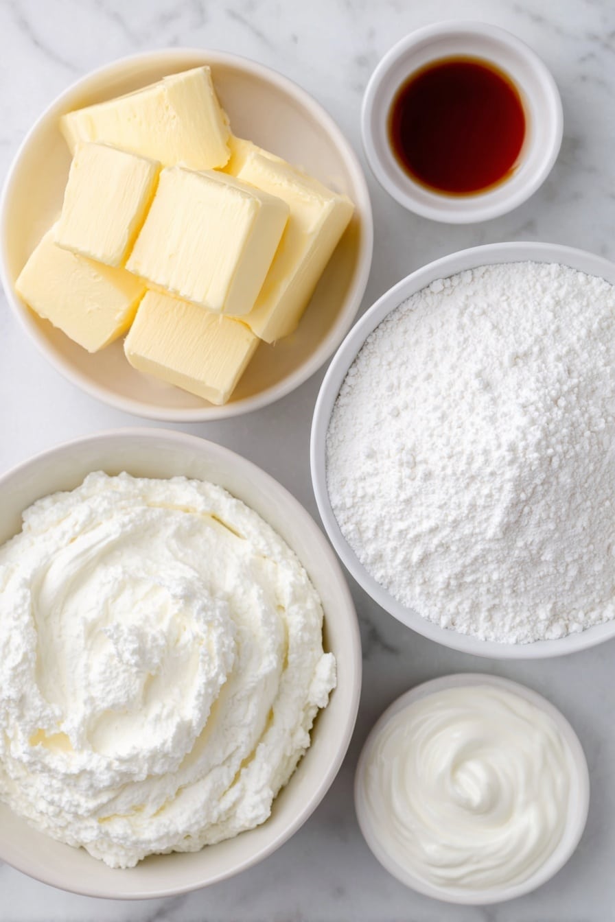 Flat lay of a small mound of pale yellow butter, a simple white ceramic bowl filled with fine white powdered sugar, a small white bowl holding rich creamy heavy whipping cream, a tiny white bowl with clear peppermint extract, a small dollop of vibrant red coloring gel on a white ceramic dish, placed on a clean white marble surface, soft natural light, photo taken with an iPhone, professional food photography style, fresh ingredients, white ceramic bowls, no bottles, no duplicates, no utensils, no packaging --ar 2:3 --v 7 --p m7354615311229779997 - Homemade Peppermint Butter Mints, peppermint mints recipe, holiday peppermint candies, soft Christmas mints, homemade mint candies