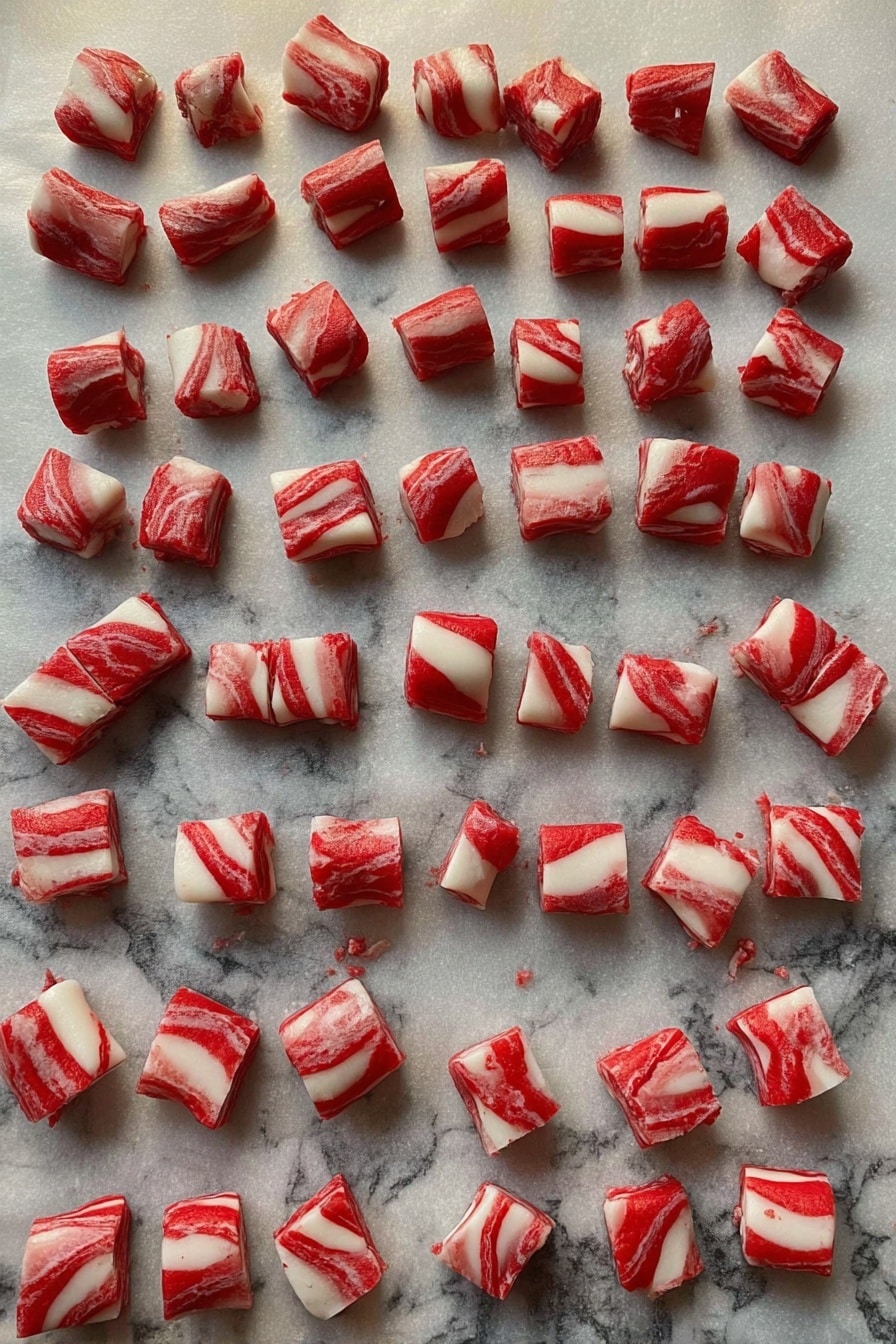 The image shows many small red and white twisted dough pieces arranged in rows on a sheet of parchment paper. Each piece is a small square or chunk displaying a marbled pattern of red and white swirls, resembling candy or twisted pasta dough. The pieces are uneven in size but generally consistent in shape, spread out evenly over the parchment. The background surface is a white marbled texture. Photo taken with an iphone --ar 2:3 --v 7 - Homemade Peppermint Butter Mints, peppermint mints recipe, holiday peppermint candies, soft Christmas mints, homemade mint candies