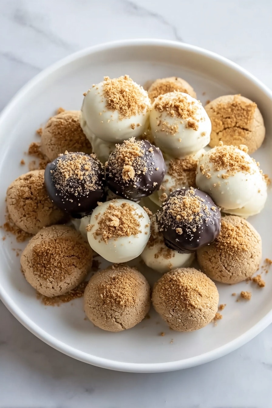 A white plate filled with round treats in two main layers: the bottom layer has light brown soft cookies with a rough texture, and the top layer has smooth spherical truffles covered in white and dark chocolate, each sprinkled with light brown crumbs. The plate rests on a white marbled surface. photo taken with an iphone --ar 2:3 --v 7 - Gingerbread Truffles, gingerbread dessert, holiday truffles, no-bake festive treats, easy gingerbread bites