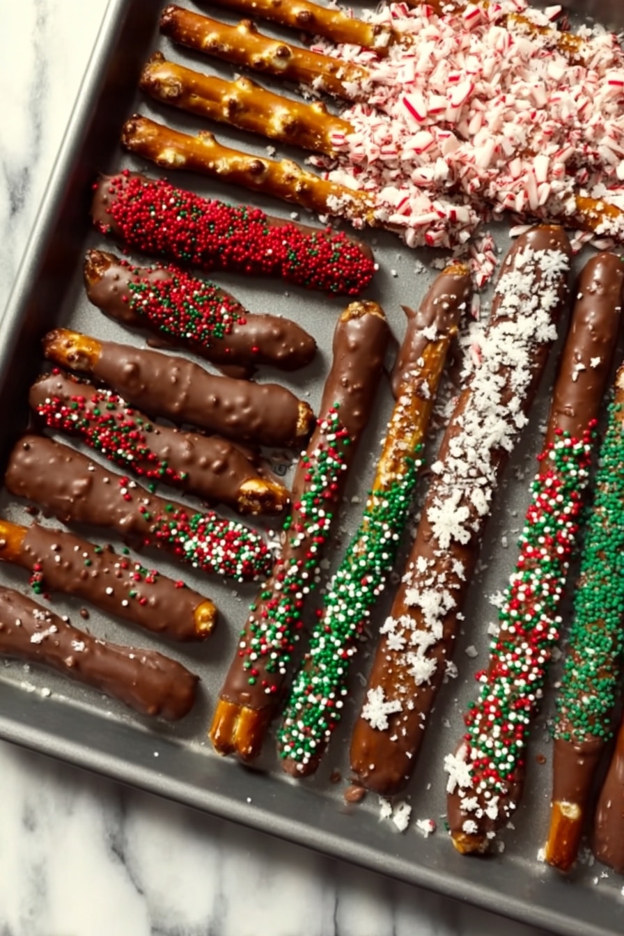 Festive Christmas Pretzel Rods Recipe 6 The image shows a baking tray with about ten pretzel sticks, each dipped halfway in smooth, shiny chocolate. Some pretzel sticks are covered with different types of colorful sprinkles: red, green, white tiny beads, and white snowflake shapes, while a few sticks are left plain with just chocolate coating. One corner of the tray holds pretzels topped with crushed candy canes in red and white, creating a rough texture. The background is a white marbled surface, and the overall look is festive and neat, with the pretzel sticks lined up in rows. Photo taken with an iphone --ar 2:3 --v 7 - Festive Christmas Pretzel Rods, Christmas pretzel treats, holiday pretzel snacks, easy Christmas desserts, colorful holiday candies