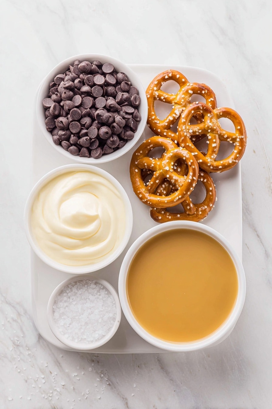 Salted Caramel Pretzel Bark Recipe 7 Flat lay of a small pile of glossy semi-sweet chocolate chips, a handful of crunchy twisted pretzels, a small white ceramic bowl filled with smooth, golden caramel sauce, another small white bowl holding thick heavy cream, and a tiny white bowl with coarse flaky sea salt, all arranged in a balanced symmetrical composition placed on a clean white marble surface, soft natural light, photo taken with an iPhone, professional food photography style, fresh ingredients, white ceramic bowls, no bottles, no duplicates, no utensils, no packaging --ar 2:3 --v 7 --p m7354615311229779997 - Salted Caramel Pretzel Bark, easy salted caramel bark, crunchy pretzel chocolate, caramel chocolate snack, homemade caramel bark