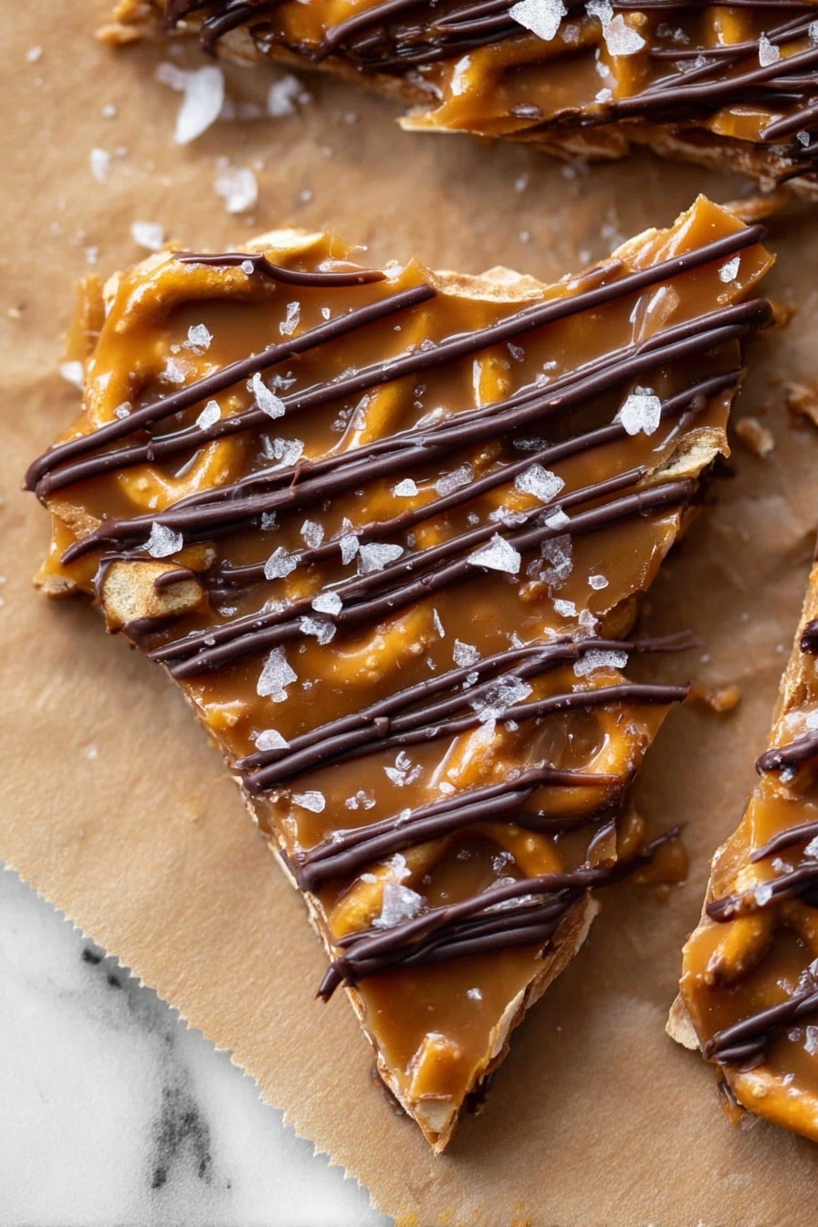 Salted Caramel Pretzel Bark Recipe 6 This image shows a close-up of a triangular piece of nut brittle coated with a caramel layer and topped with dark chocolate drizzle in thin, straight lines. The brittle itself has visible chunks of nuts embedded inside, giving it a textured look. Around the edges and surface of the piece, there are small salt flakes sprinkled lightly. The background is a crinkled brown paper on a white marbled surface. The colors are warm with caramel brown, beige nuts, and dark chocolate contrasts. Photo taken with an iphone --ar 2:3 --v 7 - Salted Caramel Pretzel Bark, easy salted caramel bark, crunchy pretzel chocolate, caramel chocolate snack, homemade caramel bark