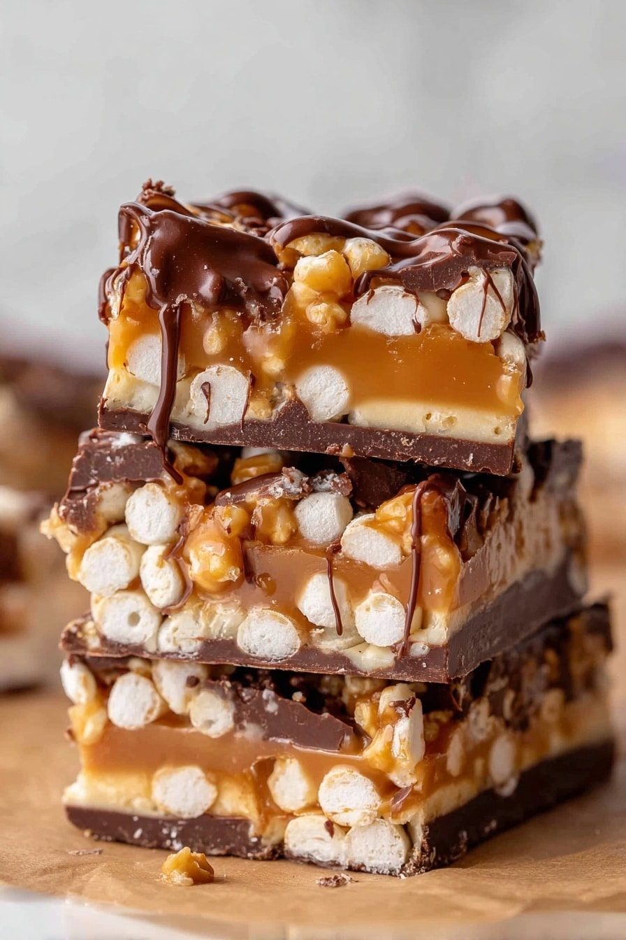 Salted Caramel Pretzel Bark Recipe 8 A close-up view of three stacked layers of a sweet treat with a white marbled background. Each layer shows a bottom dark chocolate base with a smooth caramel layer rich in embedded white crunchy pieces, likely puffed snacks or cereal, creating a bumpy texture inside. The topmost layer has a darker chocolate drizzle that drips slightly down the sides, adding contrast and shine. The caramel in the middle looks thick and sticky with a few strands hanging down, enhancing the gooey look. The edges are uneven and broken, showing the inside layers clearly. photo taken with an iphone --ar 2:3 --v 7 - Salted Caramel Pretzel Bark, easy salted caramel bark, crunchy pretzel chocolate, caramel chocolate snack, homemade caramel bark