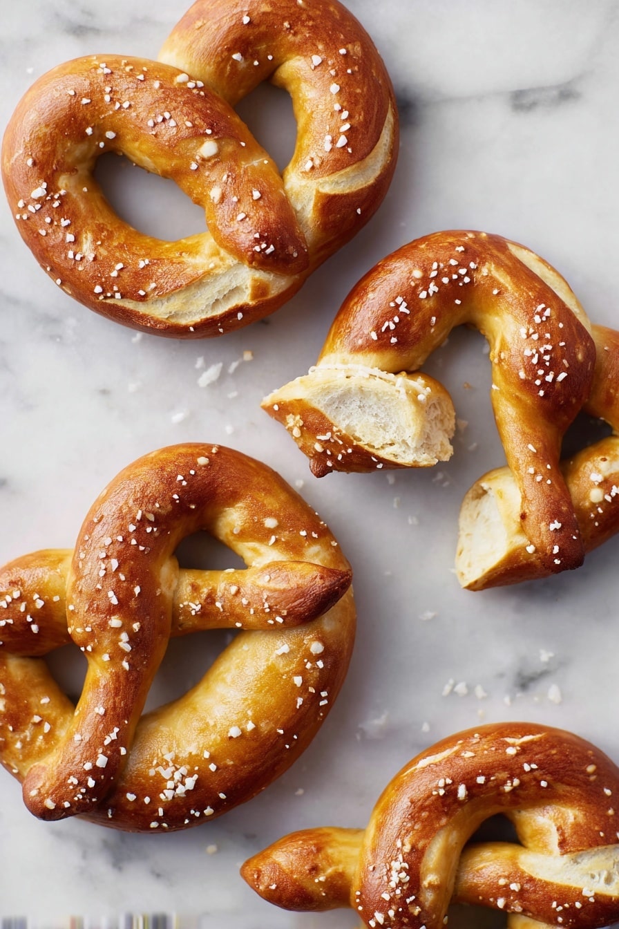 Homemade Soft Pretzels Recipe 8 Two whole soft pretzels and one broken pretzel lie on a white marbled surface. Each pretzel is golden brown with a glossy finish, twisted into the traditional knot shape with thick, slightly uneven ropes of dough forming the loops. Large grains of coarse salt are sprinkled over the pretzels, adding texture and contrast to the shiny crust. The broken pretzel shows its soft, fluffy white inside with a rough, torn edge, placed near the top right. The shadowing is soft, highlighting the round shapes and folds of the pretzels. photo taken with an iphone --ar 2:3 --v 7 - Homemade Soft Pretzels, soft pretzels recipe, easy pretzels, DIY pretzels, soft pretzels from scratch